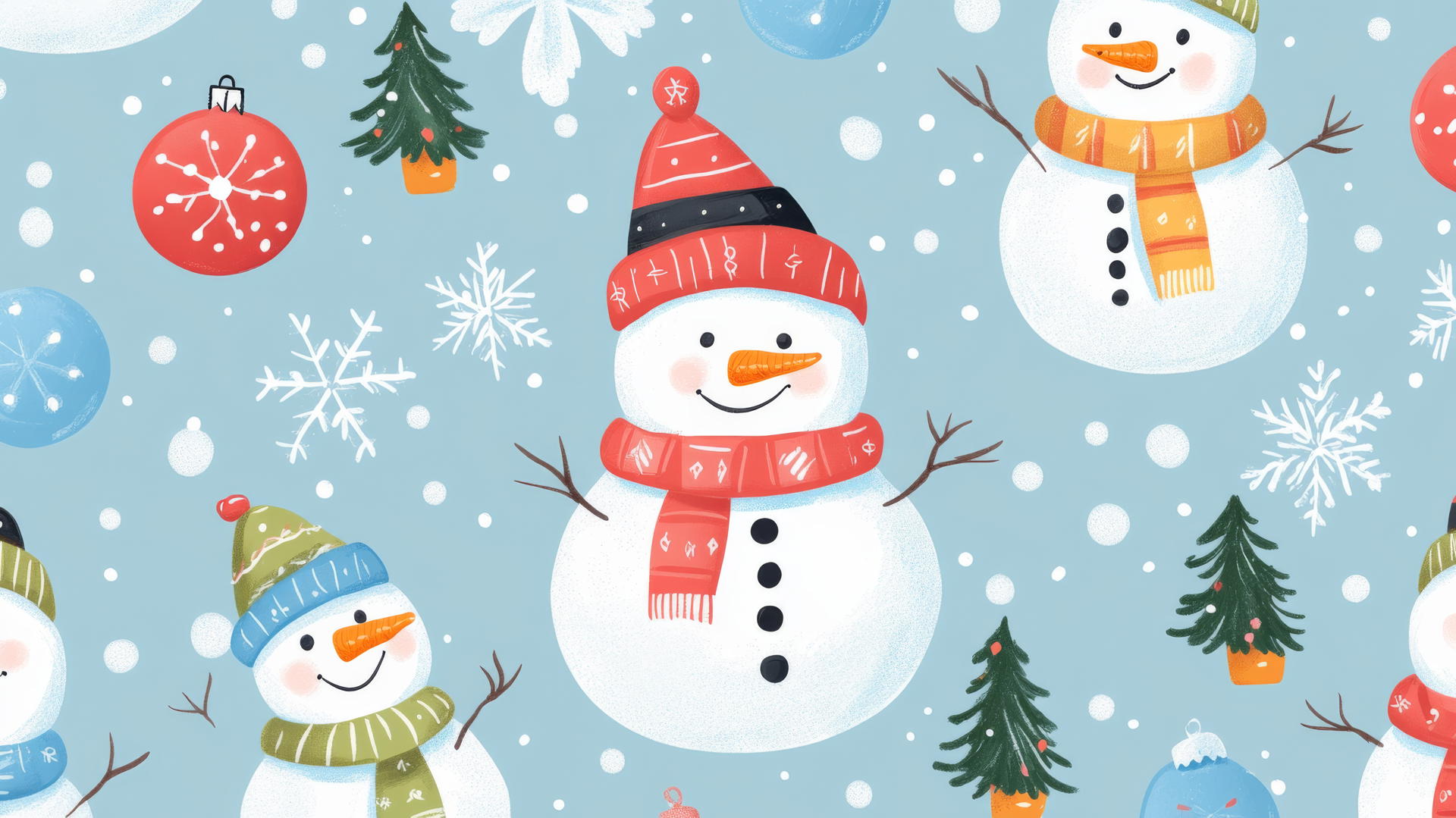 cute preppy Christmas wallpaper with cheerful snowmen and colorful scarves