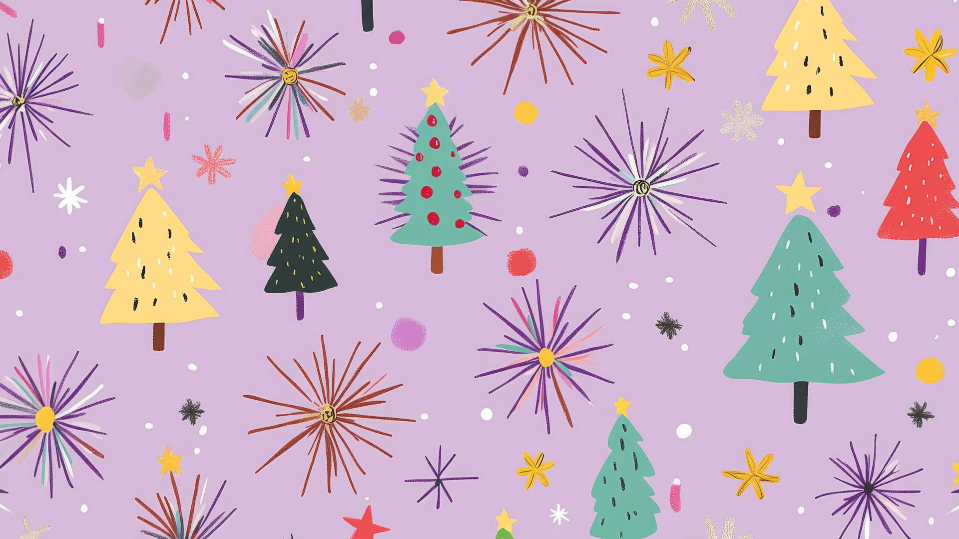 aesthetic preppy Christmas wallpaper with fireworks and Christmas trees on pastel purple background