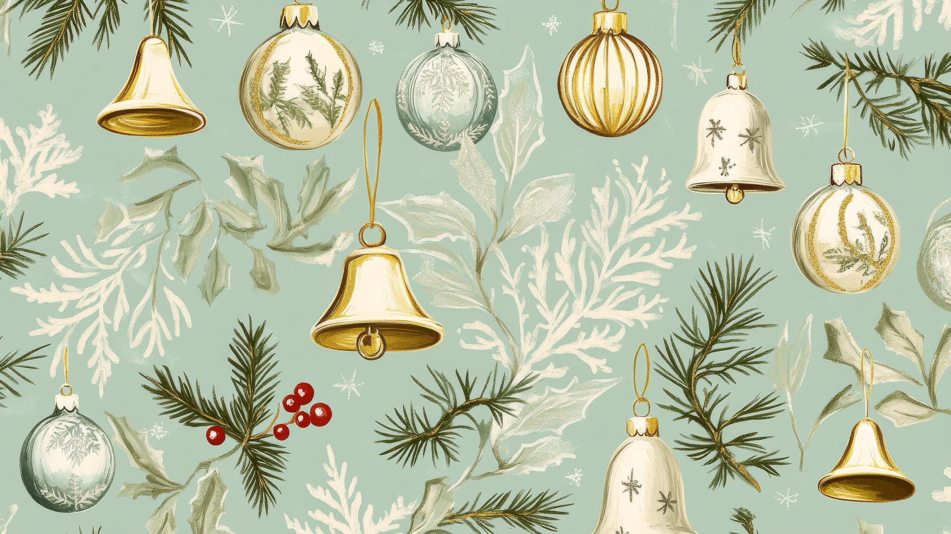 aesthetic preppy Christmas wallpaper with vintage ornaments and bells on pastel green