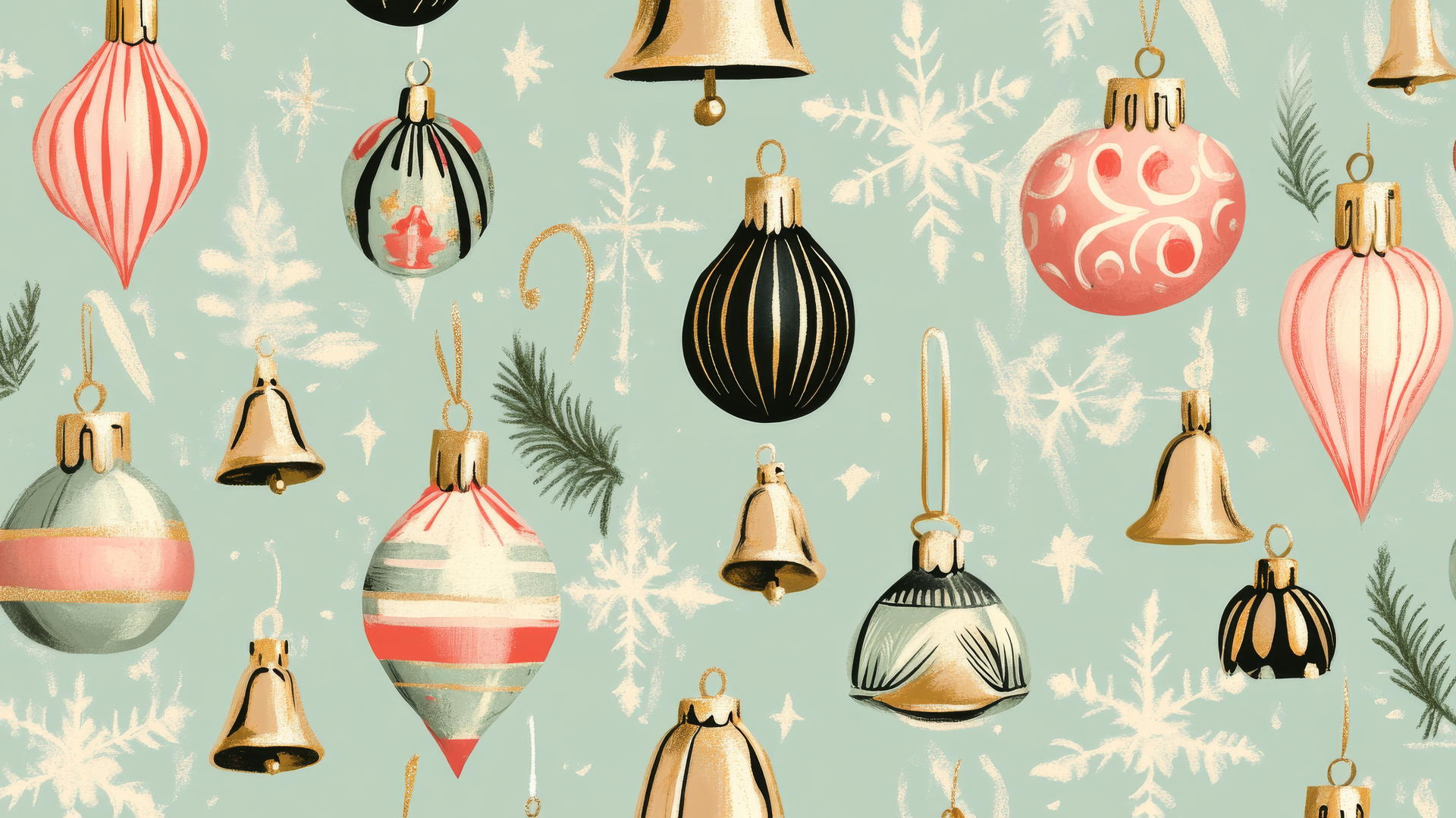 aesthetic preppy Christmas wallpaper with vintage ornaments and bells on pastel green