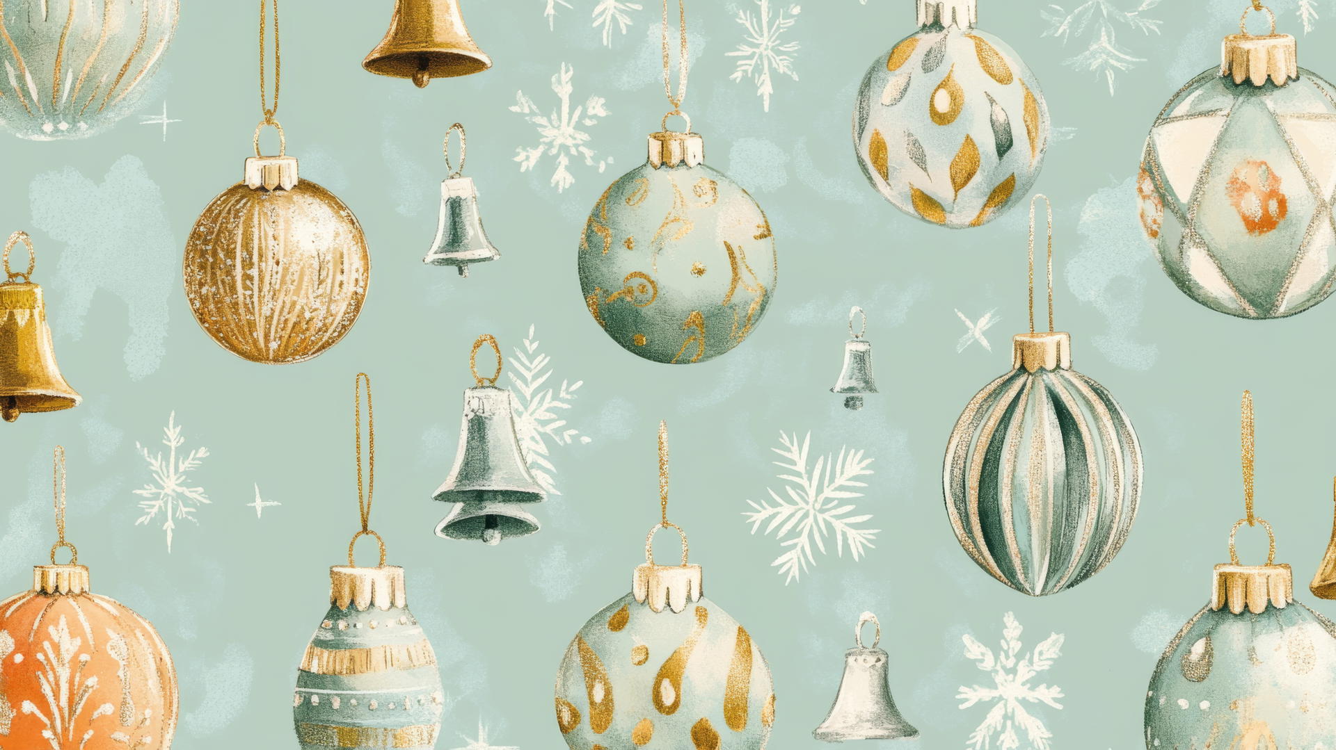 aesthetic preppy Christmas wallpaper with vintage ornaments and bells on pastel green