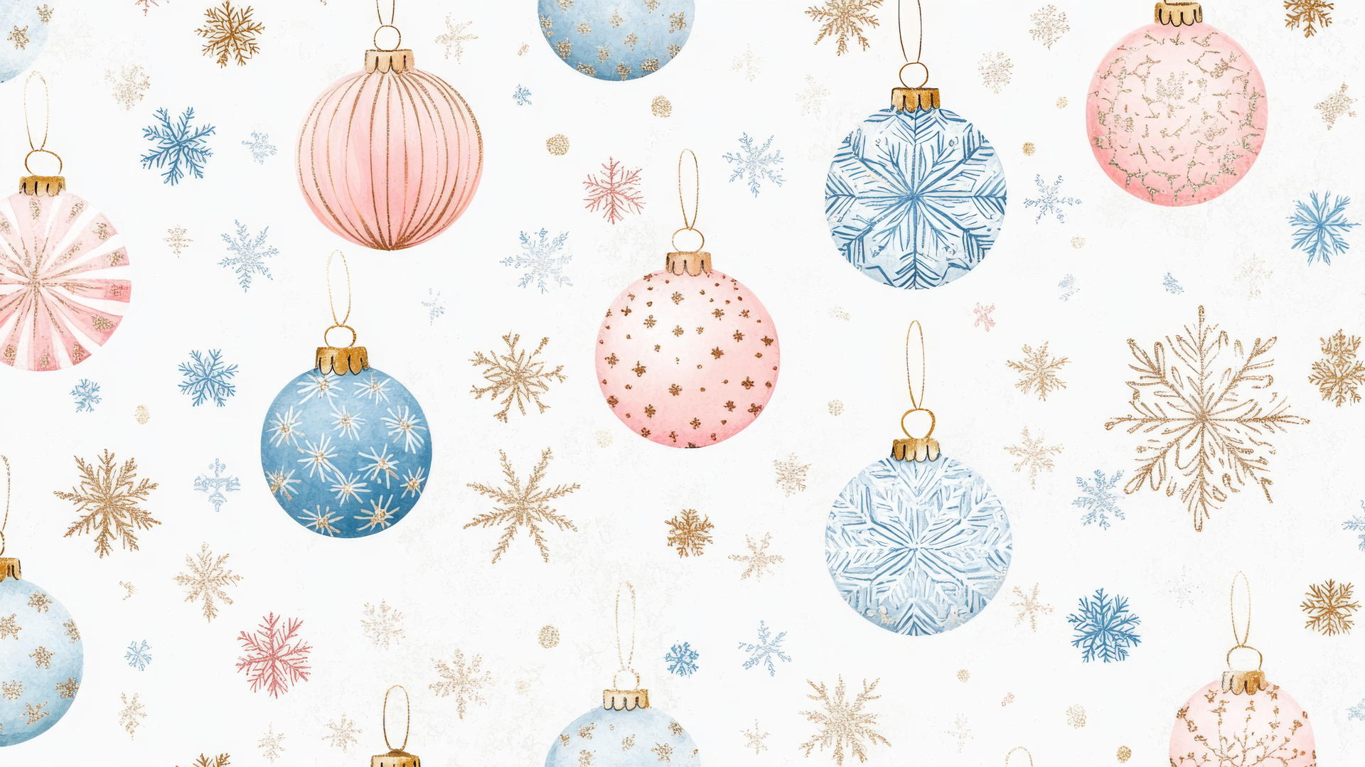 Seamless pattern of pastel Christmas ornaments and snowflakes in preppy style.