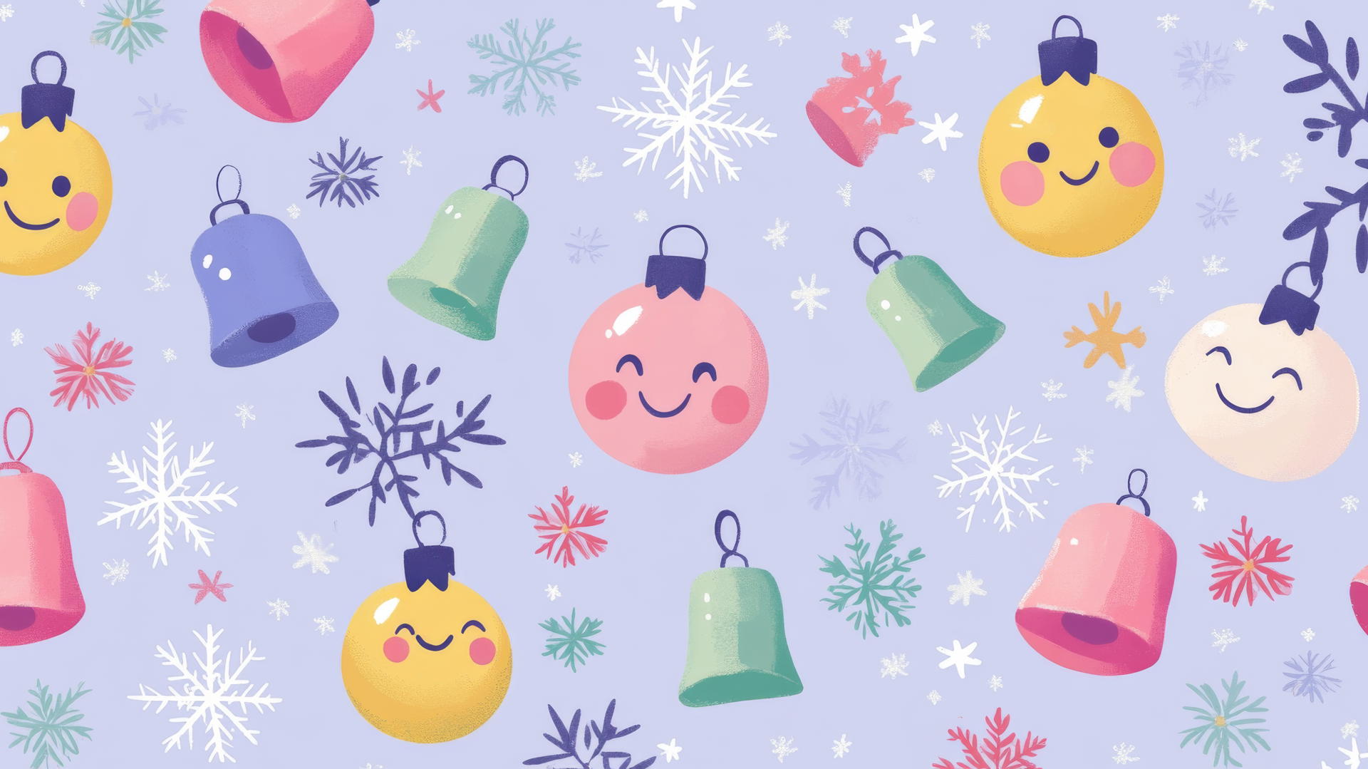 cute Christmas wallpaper preppy with smiling snowflakes, Christmas bells, and colorful baubles on pastel lavender