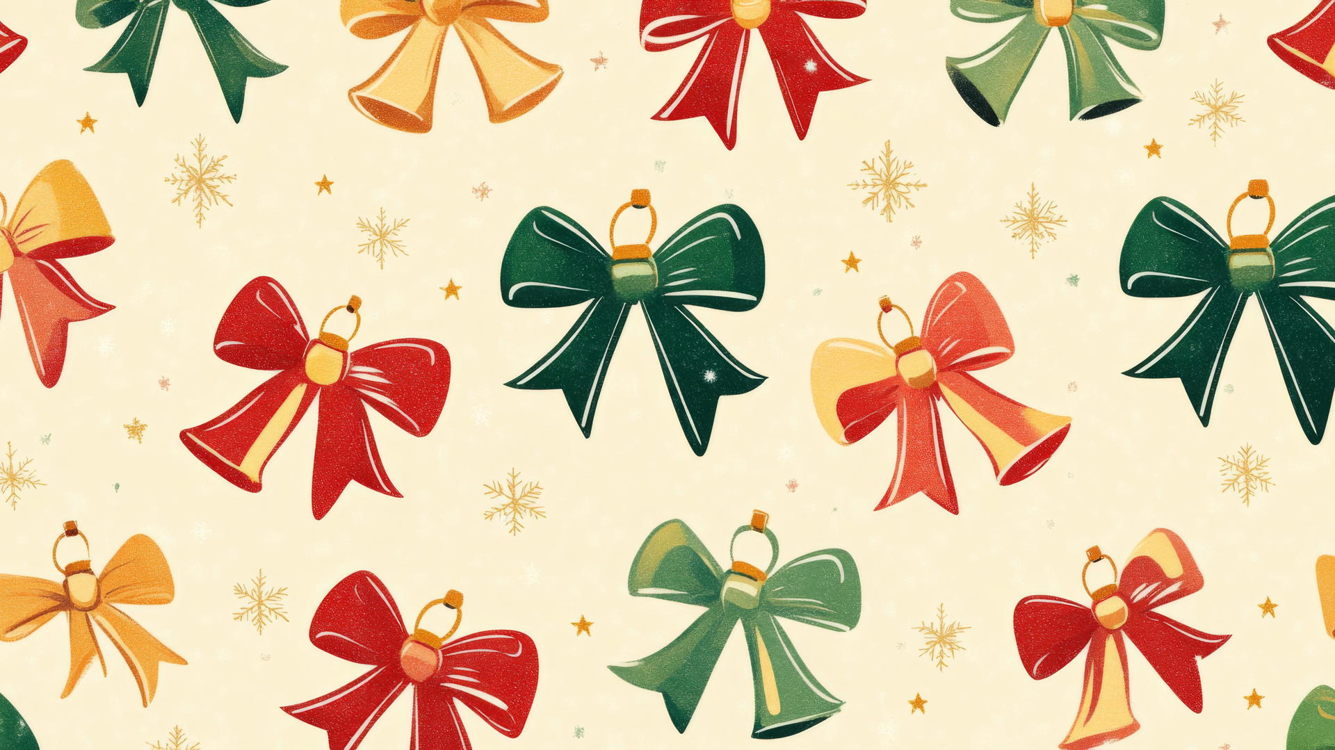 Christmas wallpaper preppy with bows, bells, and snowflakes on cream background.