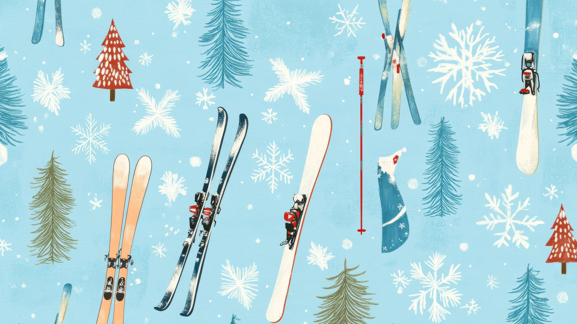 christmas wallpaper preppy with skiing equipment, snowflakes, and pine trees on a pastel blue background