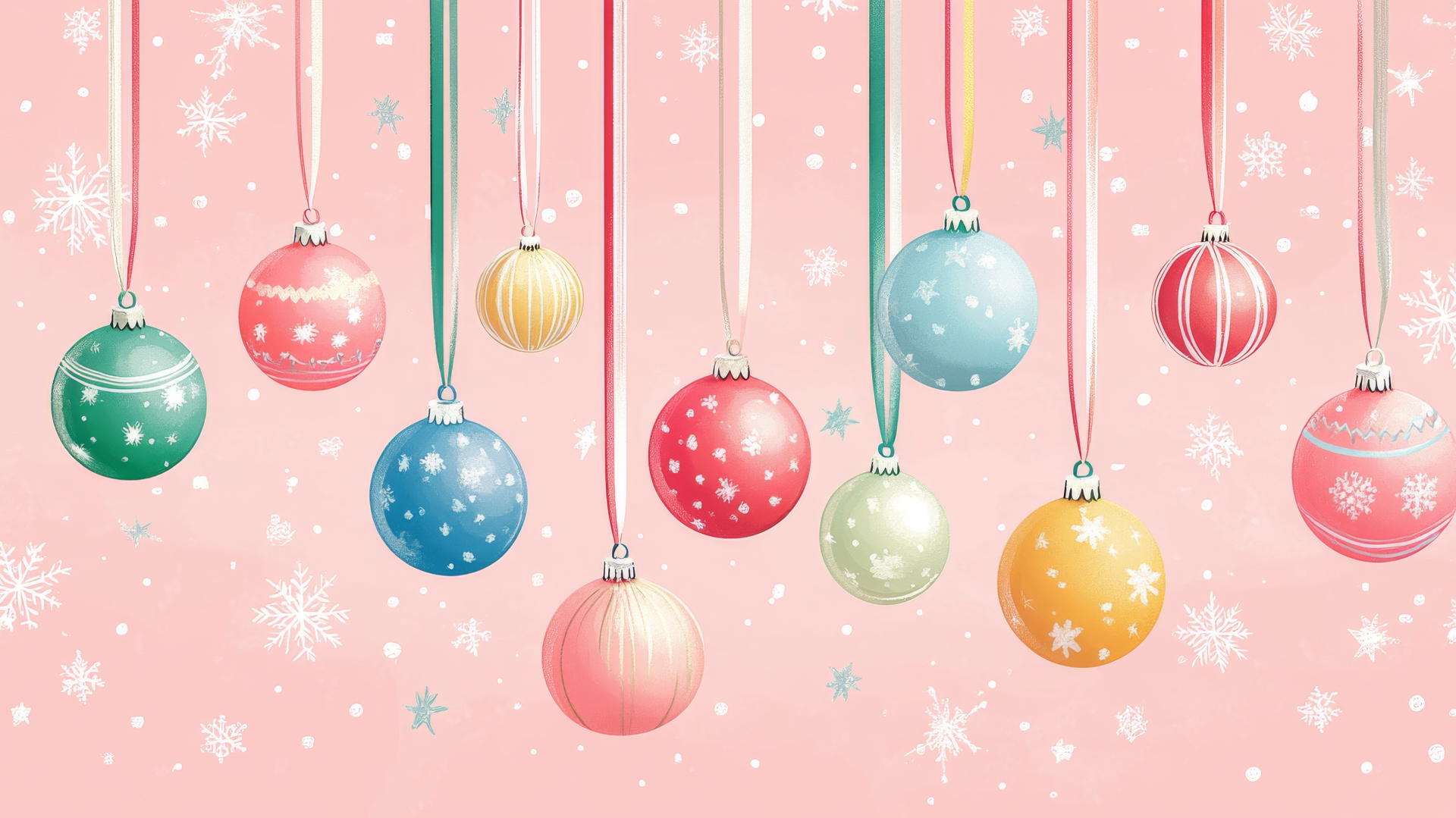 preppy Christmas wallpaper with colorful ornaments on pastel ribbons, snowflakes, and stars