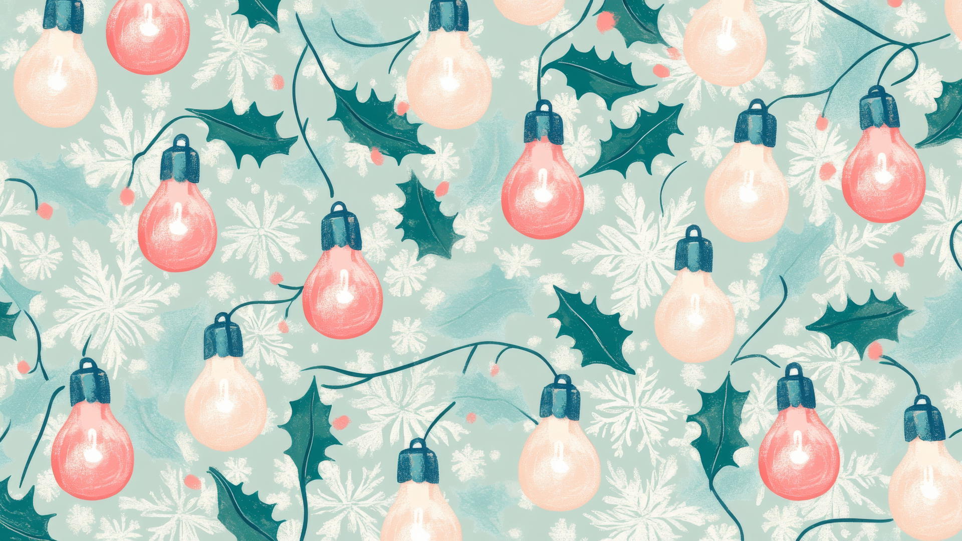 preppy Christmas wallpaper with retro-style light bulbs, holly, and snowflakes in pastel colors