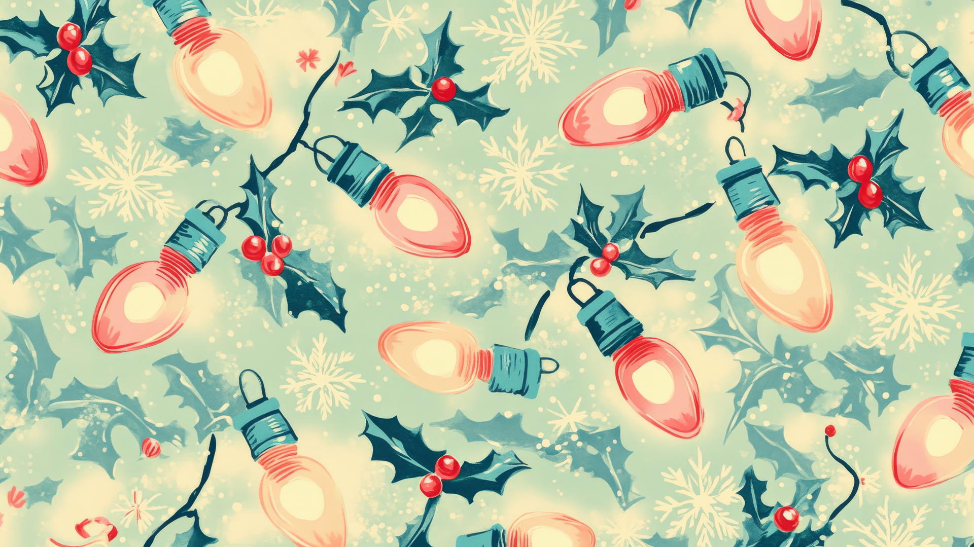 preppy Christmas wallpaper with retro pastel light bulbs, holly, and snowflakes