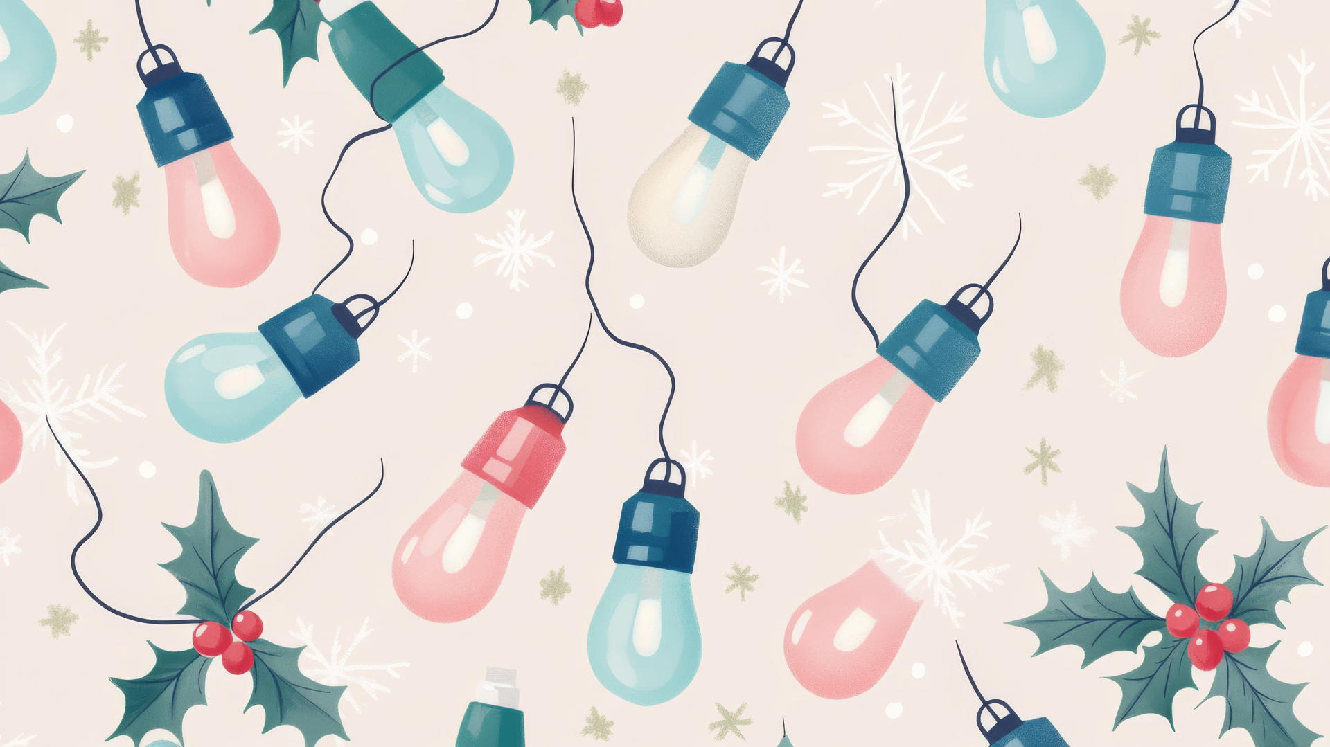 preppy Christmas wallpaper with retro-style pastel Christmas lights, holly, and snowflakes