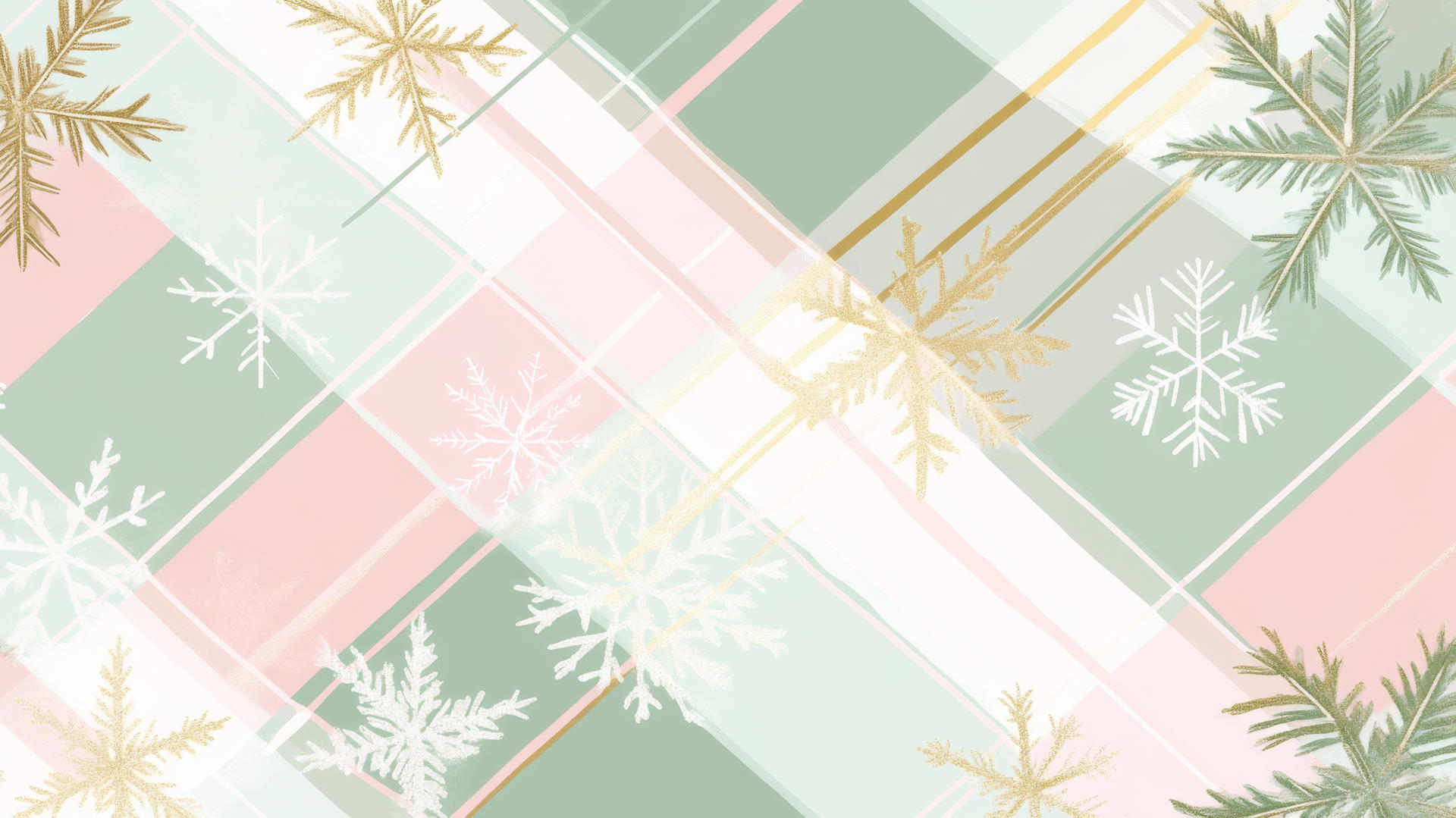 preppy Christmas wallpaper with modern plaid pattern, pastel colors, snowflakes, and holly leaves