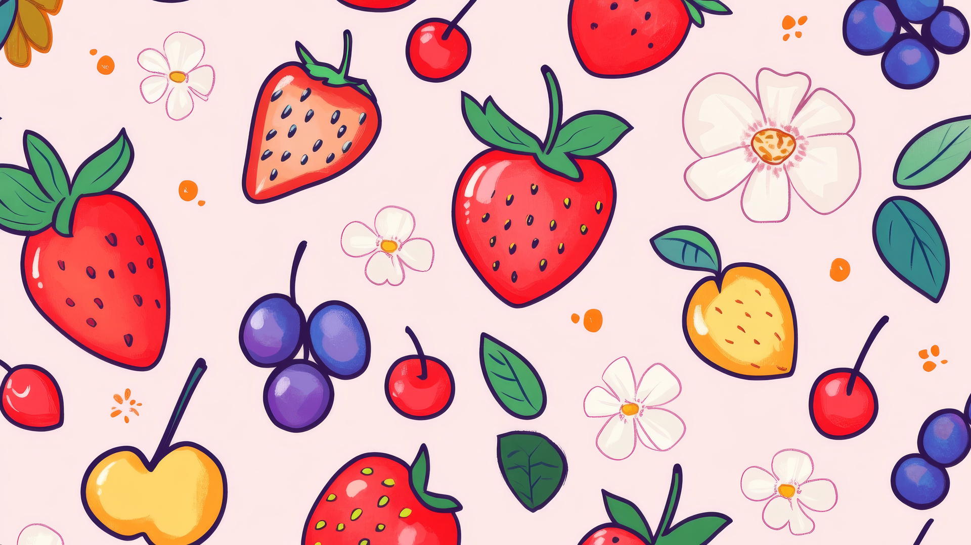 preppy wallpaper with cute doodles of strawberries, cherries, and flowers on light pink background