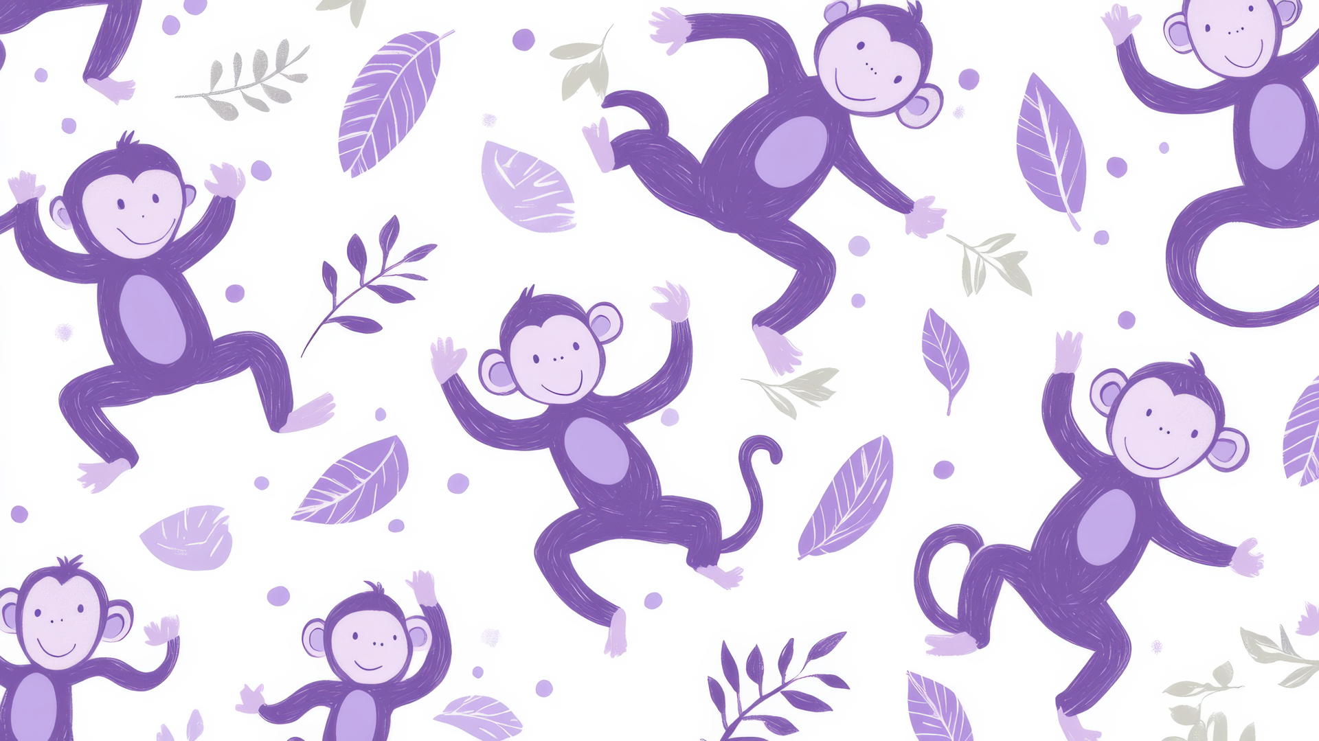 preppy wallpaper with light purple cartoon monkeys dancing on a white background with leaves