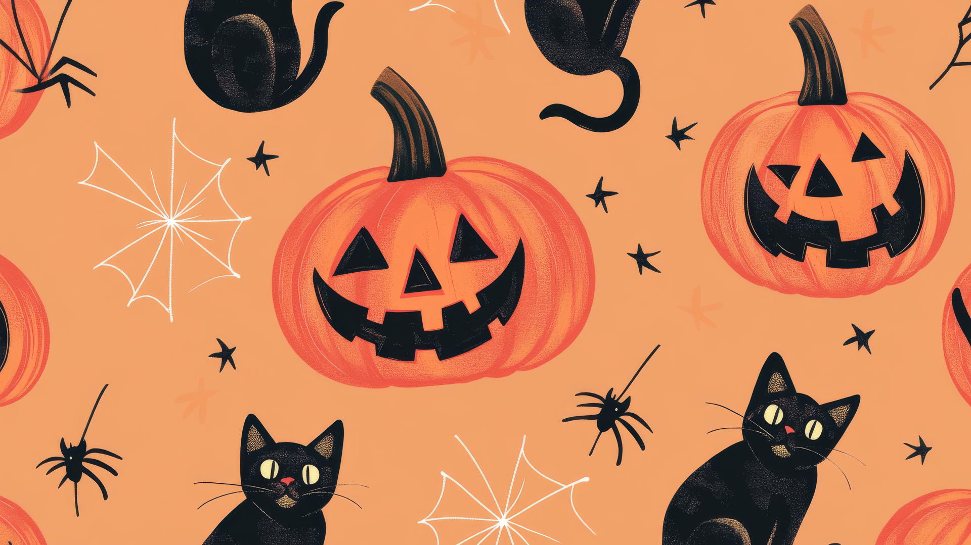 Preppy halloween wallpaper with jack-o'-lanterns, black cats, and spiderwebs.