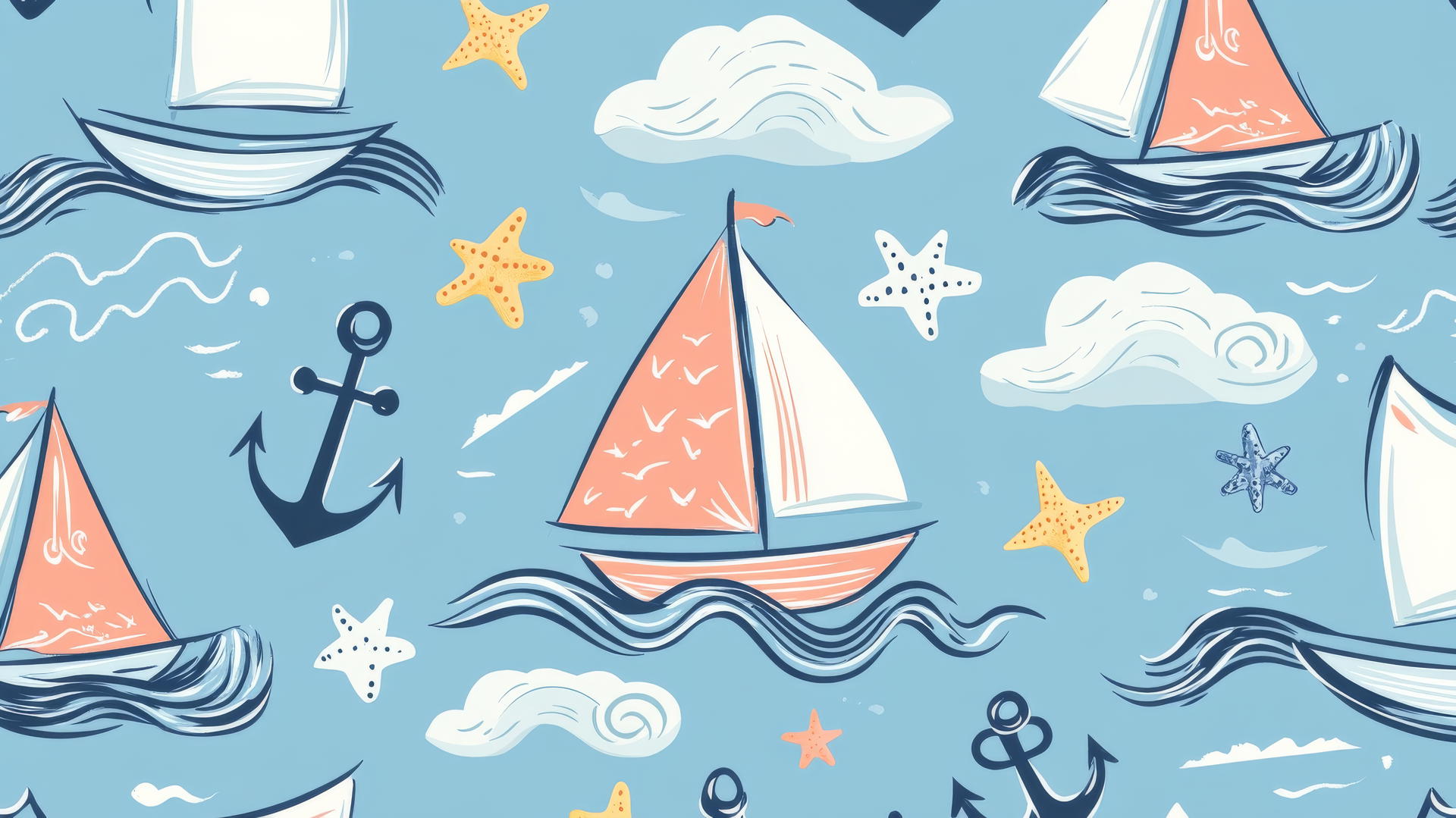 Preppy summer wallpaper with hand-drawn sailboats, anchors, starfish, waves, and clouds on pastel blue.