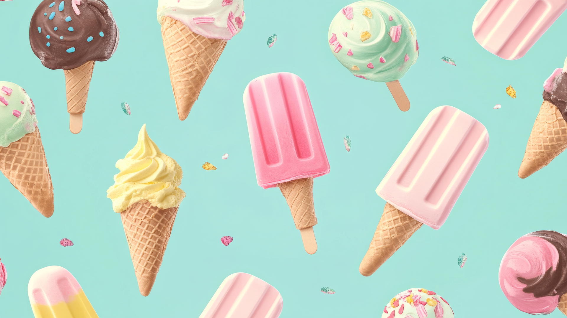 Preppy summer wallpaper with cartoon ice creams on teal