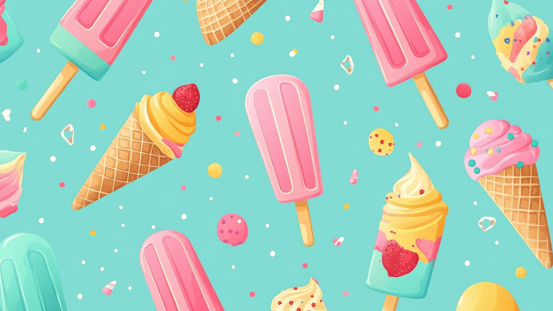 preppy summer wallpaper with cute cartoon-style ice cream cones and popsicles on a light teal background