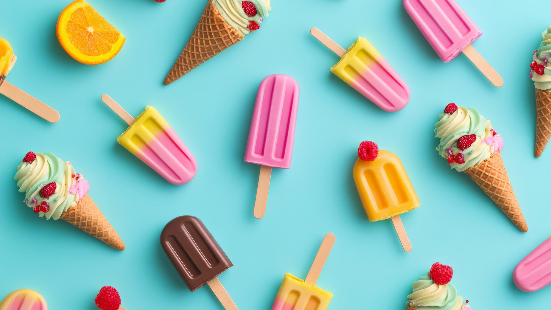preppy summer wallpaper with cartoon ice cream cones and popsicles on light teal