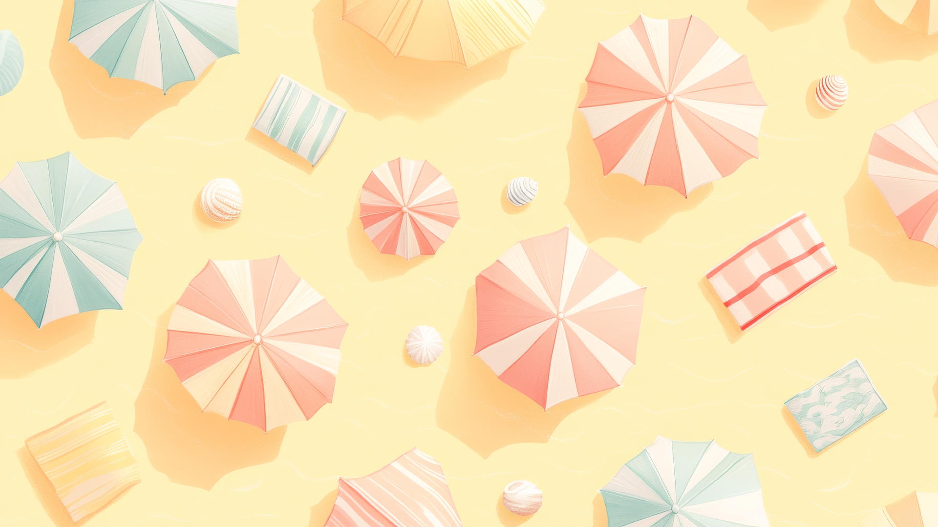 preppy summer wallpaper with pastel-colored beach umbrellas and towels, small waves and seashells on a soft yellow background