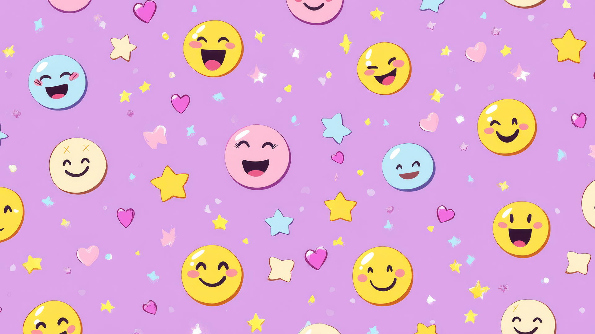 Preppy wallpaper with smiley faces, hearts, and stars on pastel purple