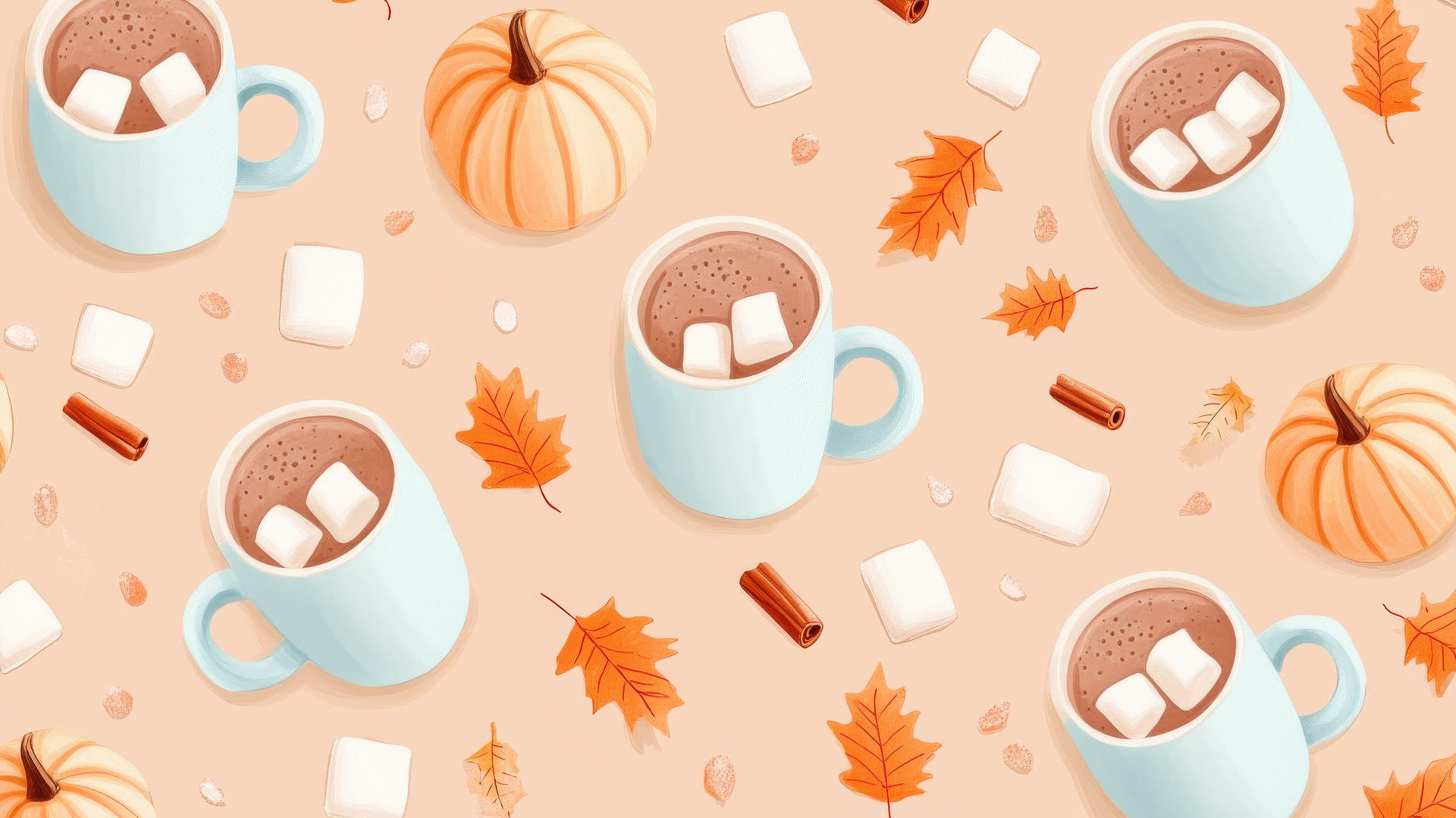 Preppy fall wallpaper with pastel hot cocoa mugs and pumpkins