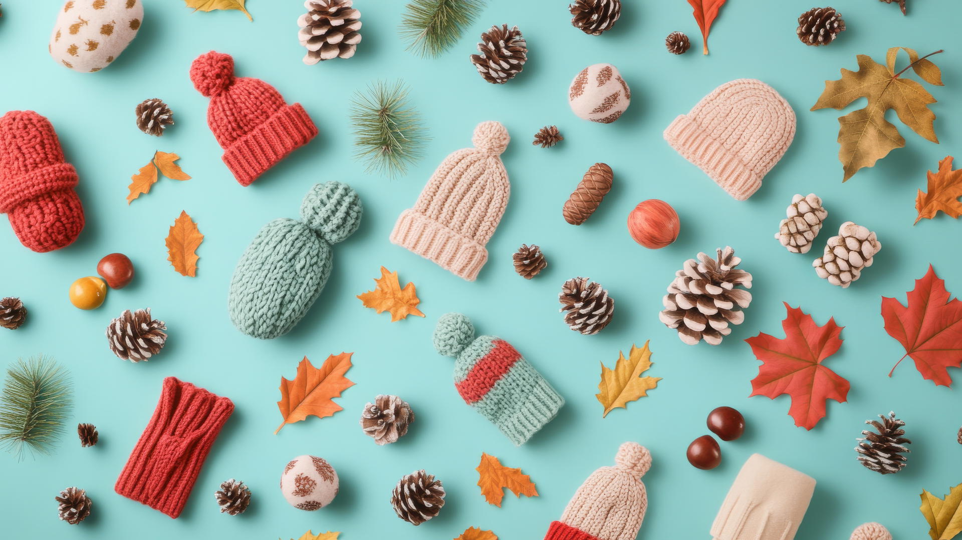 preppy fall wallpaper with cozy knit hats, mittens, and scarves on a pastel teal background