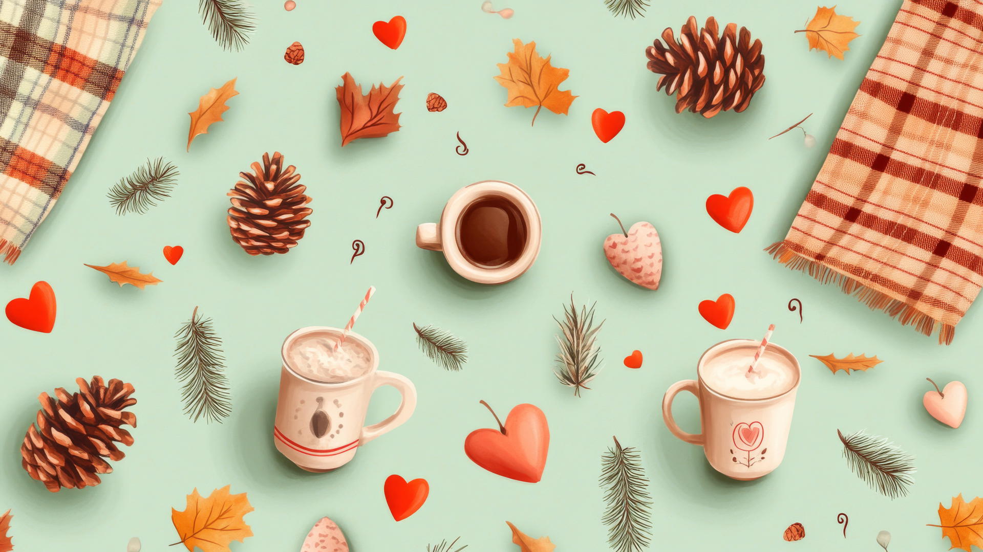 preppy fall wallpaper with pinecones, plaid blankets, hot cocoa mugs, hearts on pastel green