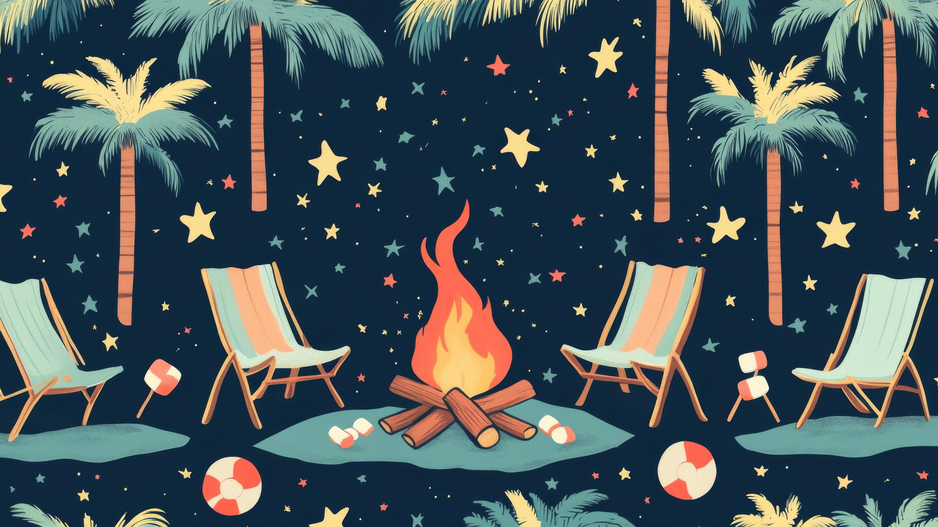 preppy beach wallpaper with bonfires, marshmallows on sticks, and beach chairs under a starry night sky