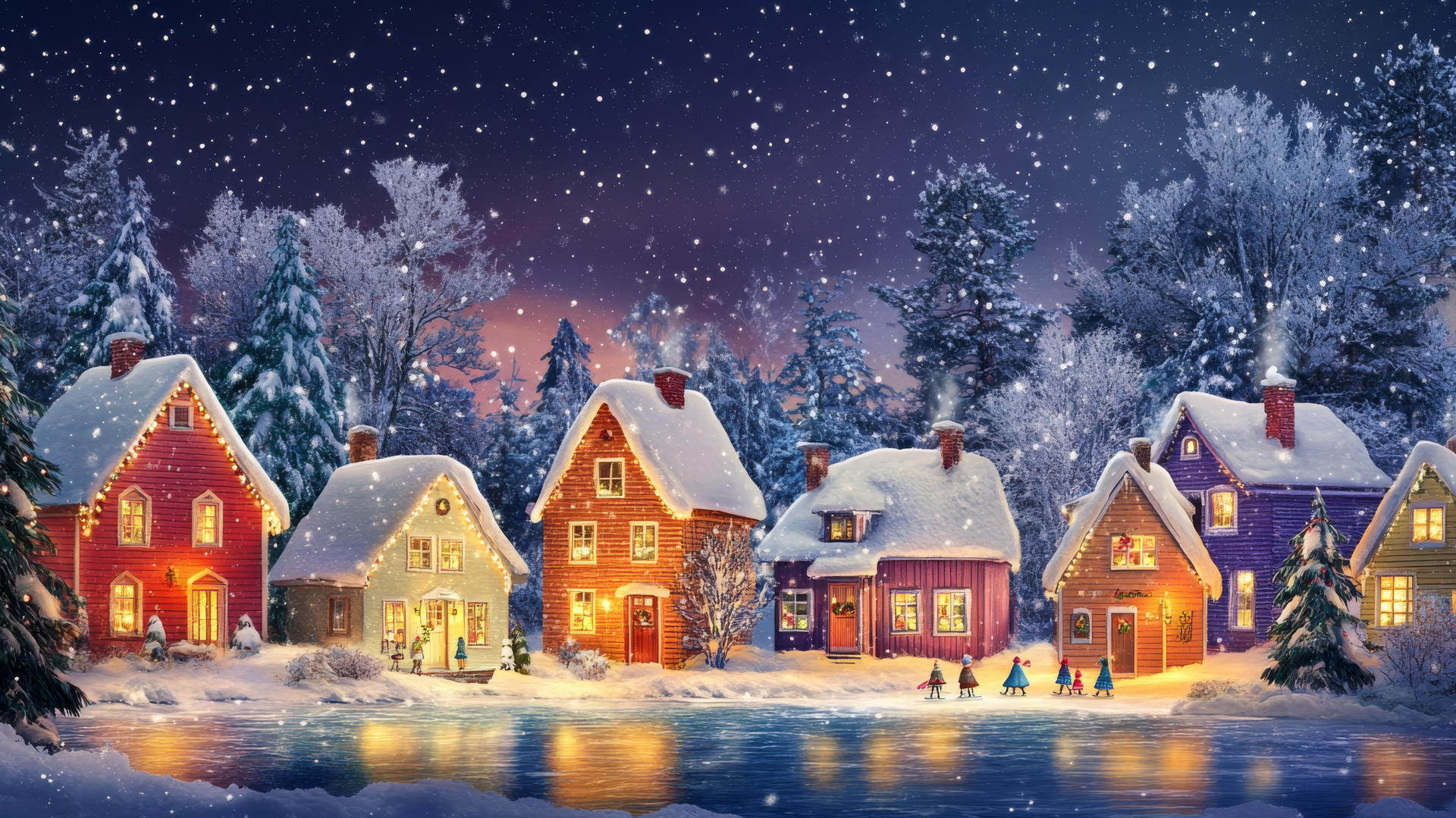 Cute wallpapers for Christmas: pastel-colored winter village with snow-covered houses and twinkling lights