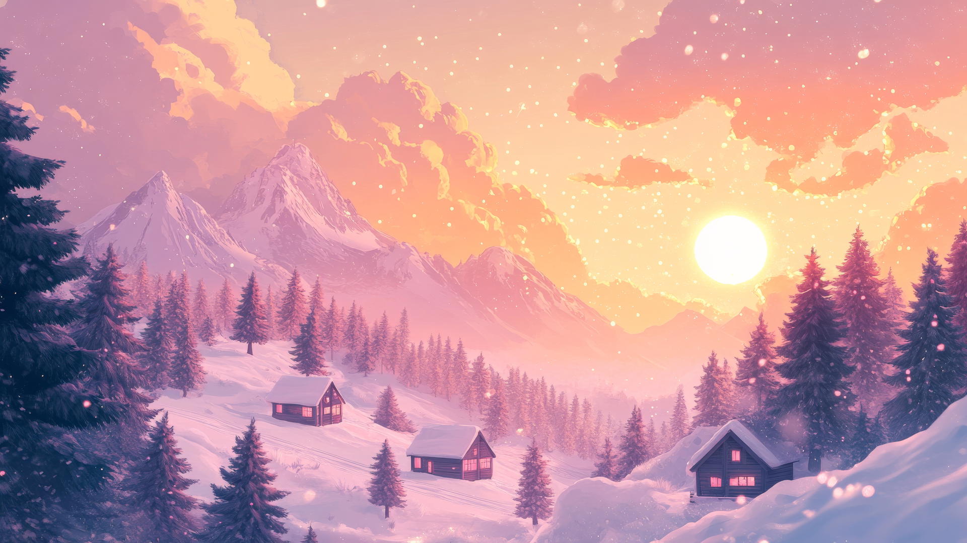 Cute wallpapers aesthetic with pastel mountain landscape, tiny cabins, pine trees, and sparkles
