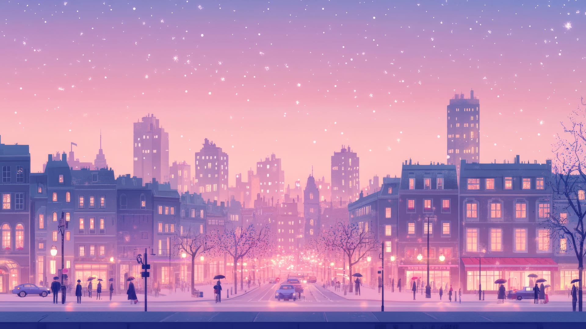 Cute aesthetic wallpapers featuring a pastel cityscape at dusk with glowing windows, tiny cars, and people with umbrellas