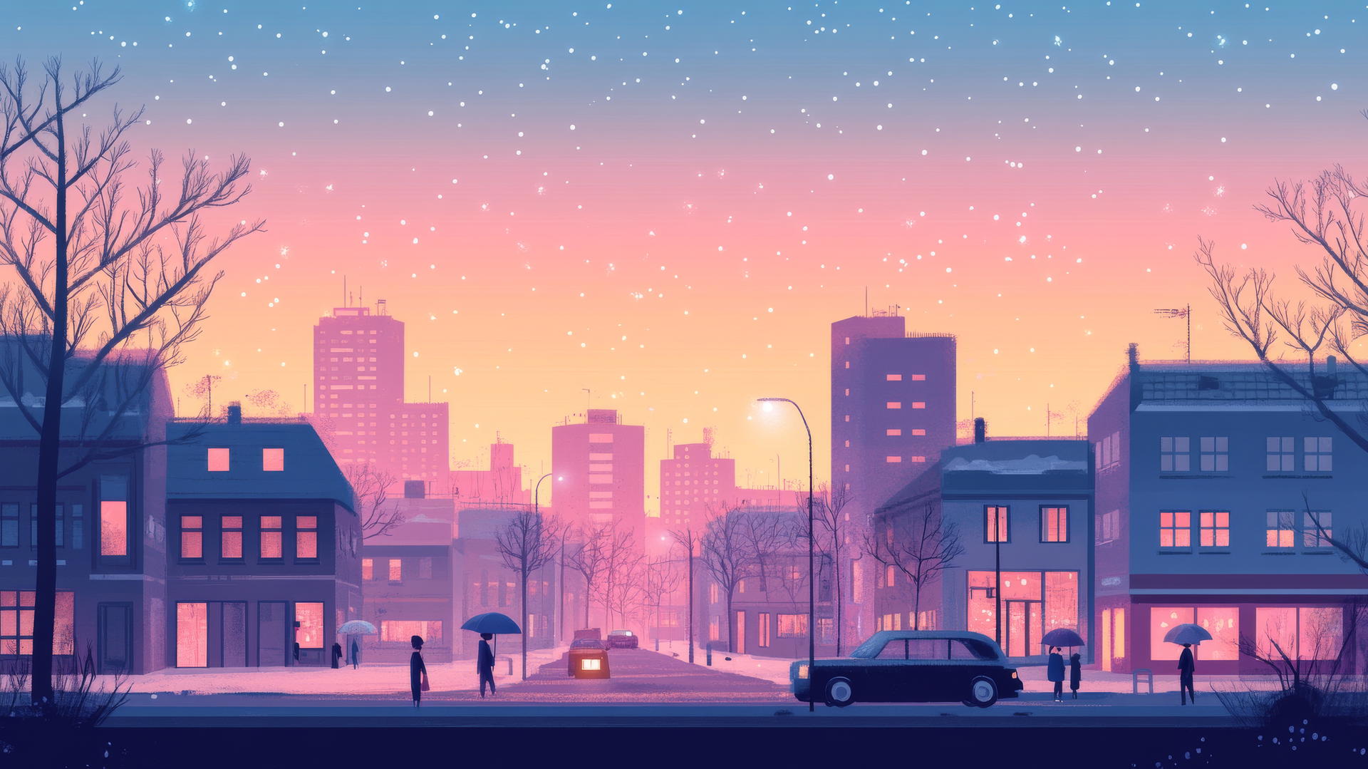 Cute aesthetic wallpapers, pastel cityscape at dusk with glowing windows and tiny cars