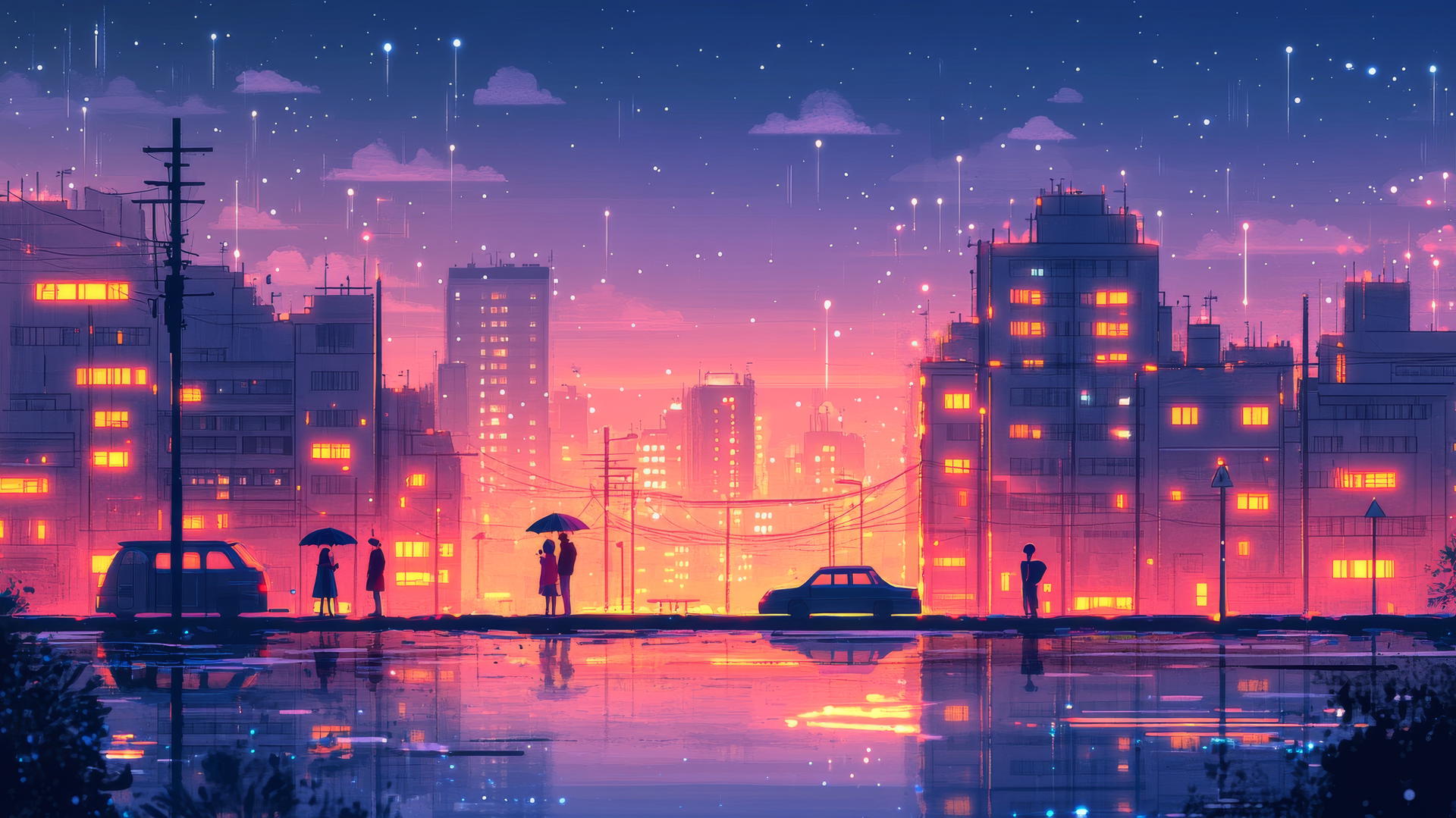 cute aesthetic wallpapers featuring a pastel cityscape at dusk with glowing windows