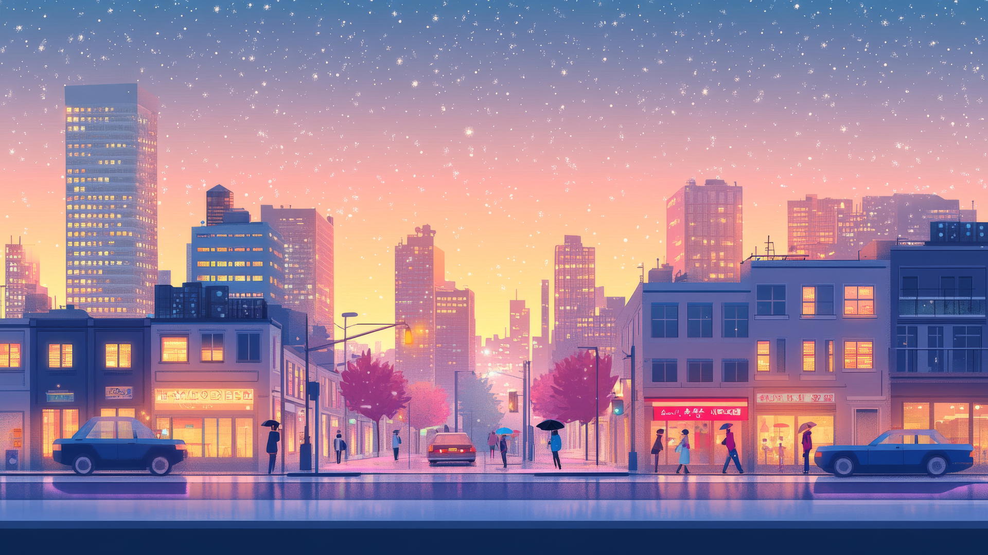 Cute aesthetic wallpapers: pastel cityscape at dusk with glowing windows