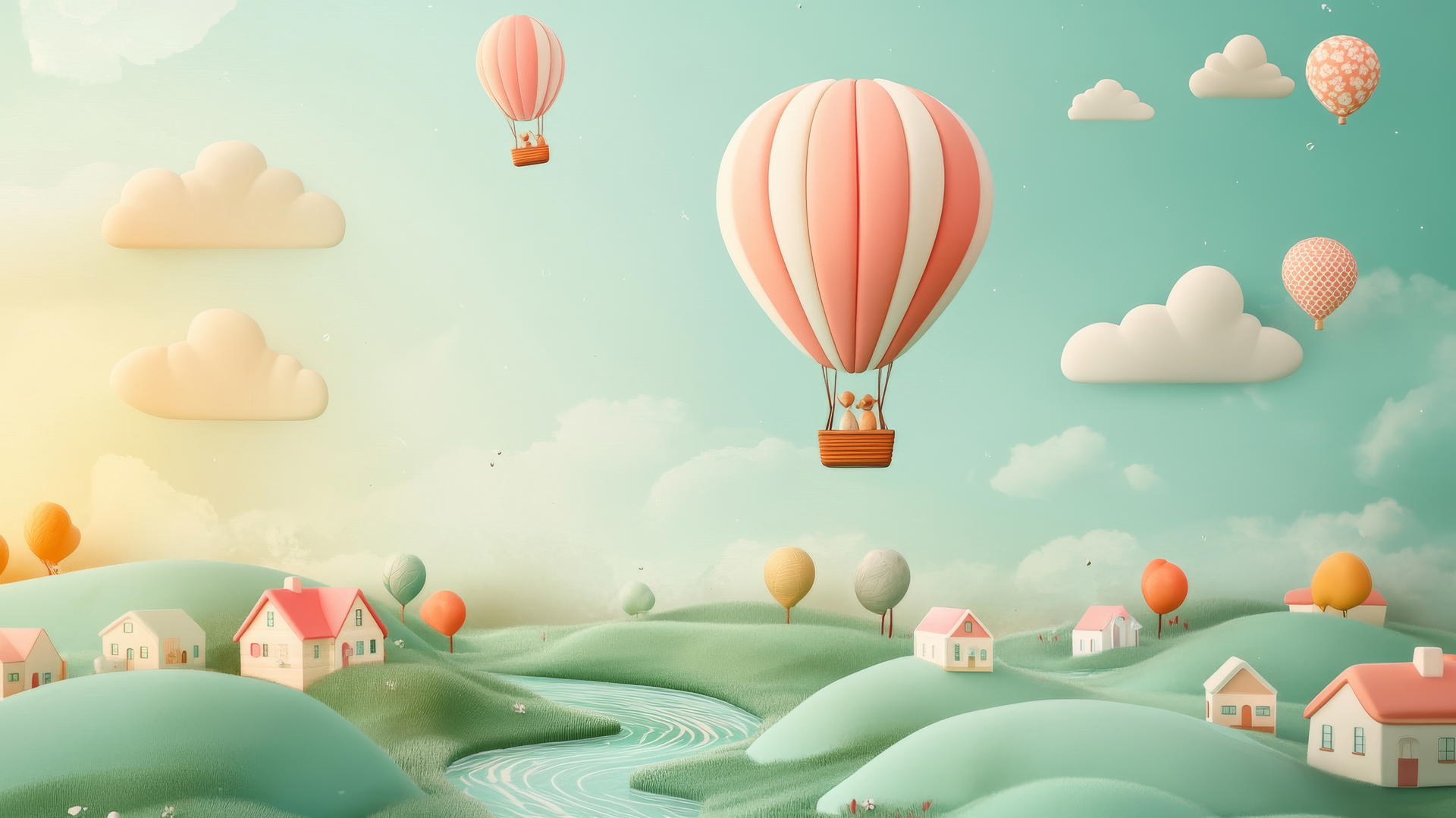 Cute wallpapers of hot air balloon ride over pastel landscape