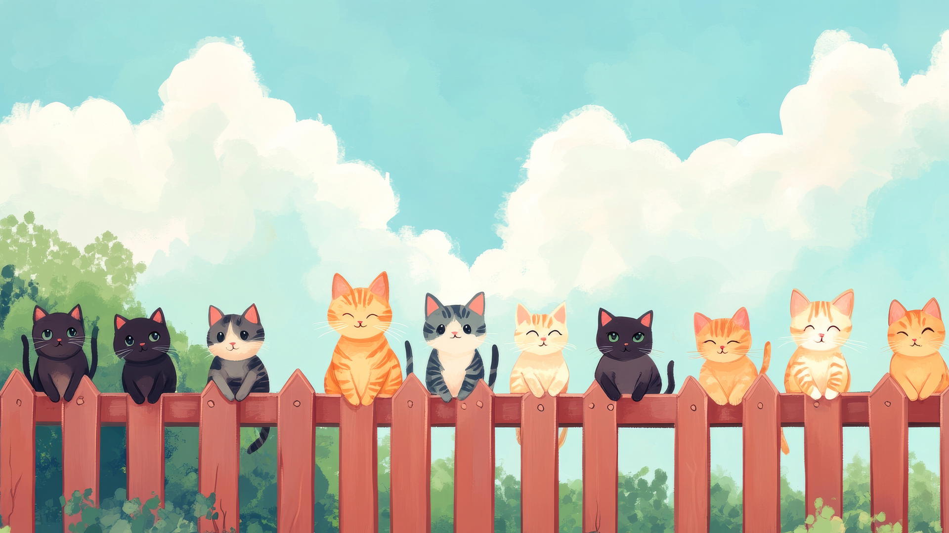 cute wallpapers with a row of cartoon cats on a fence under a blue sky
