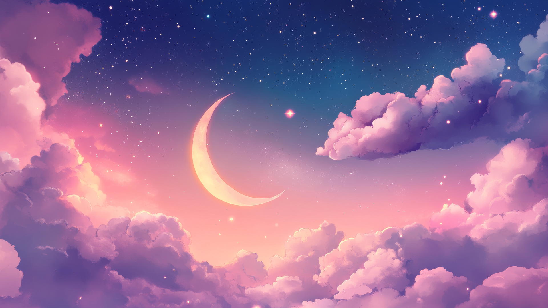 cute wallpapers of night sky with twinkling stars, crescent moon, and sleeping clouds