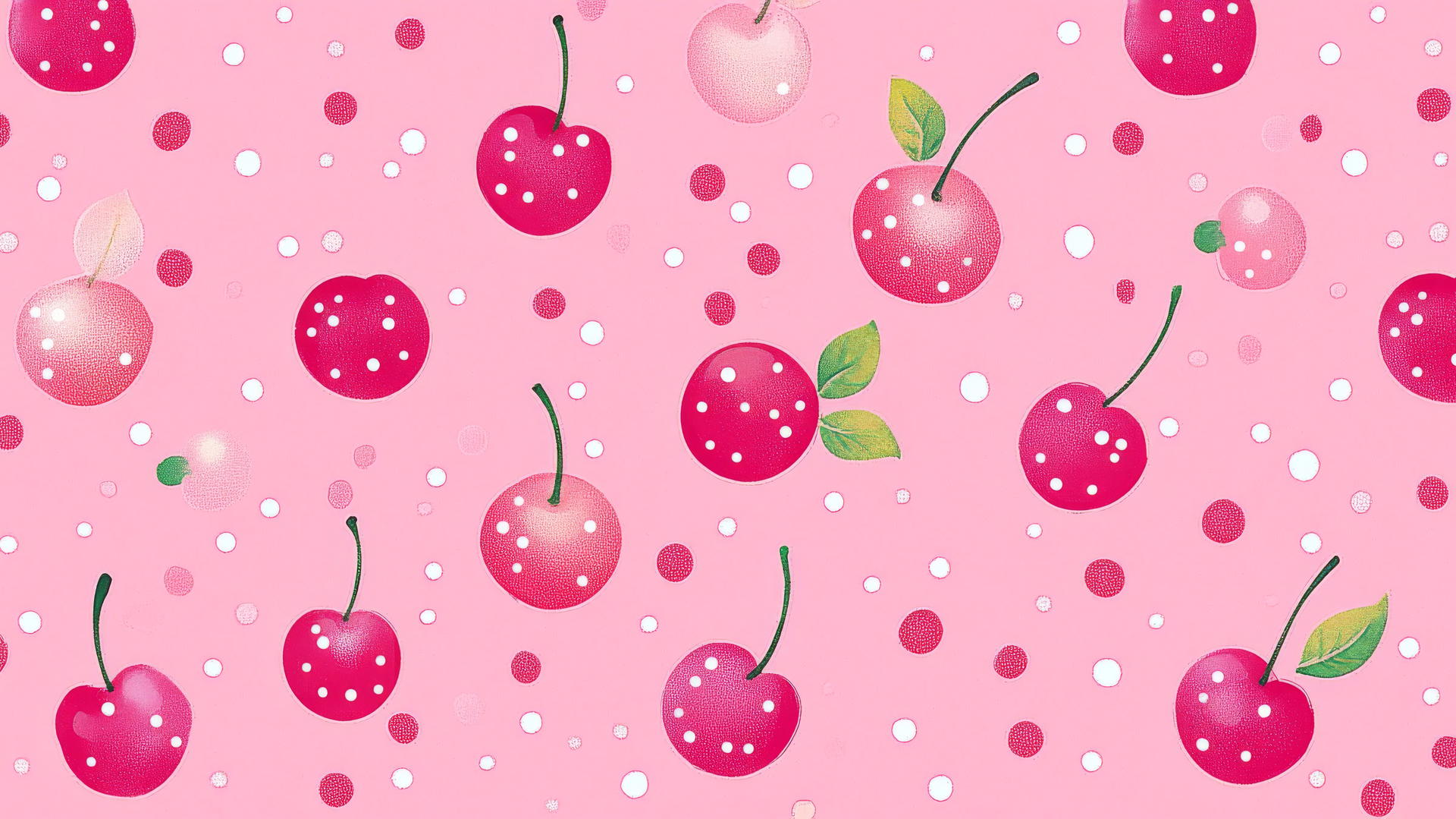 cute hot pink wallpaper with cartoon cherries and polka dots
