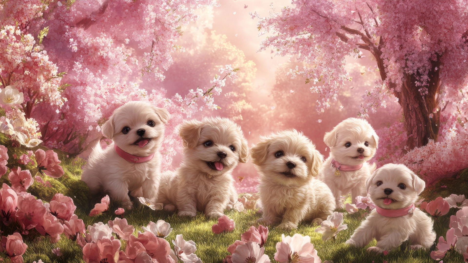 pink cute puppy wallpaper with playful puppies in a park and pastel flora