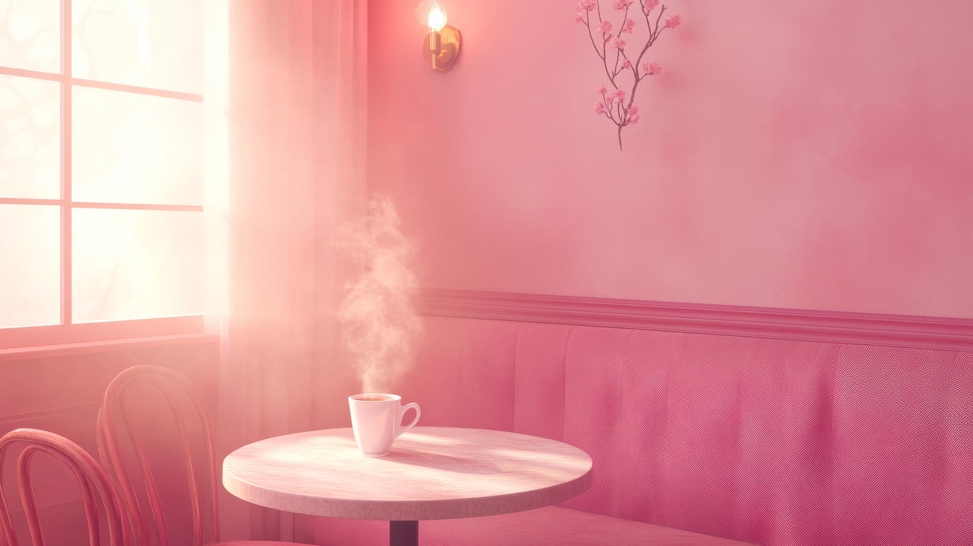 A cozy café scene with pink wallpaper aesthetic, pink walls, table, coffee