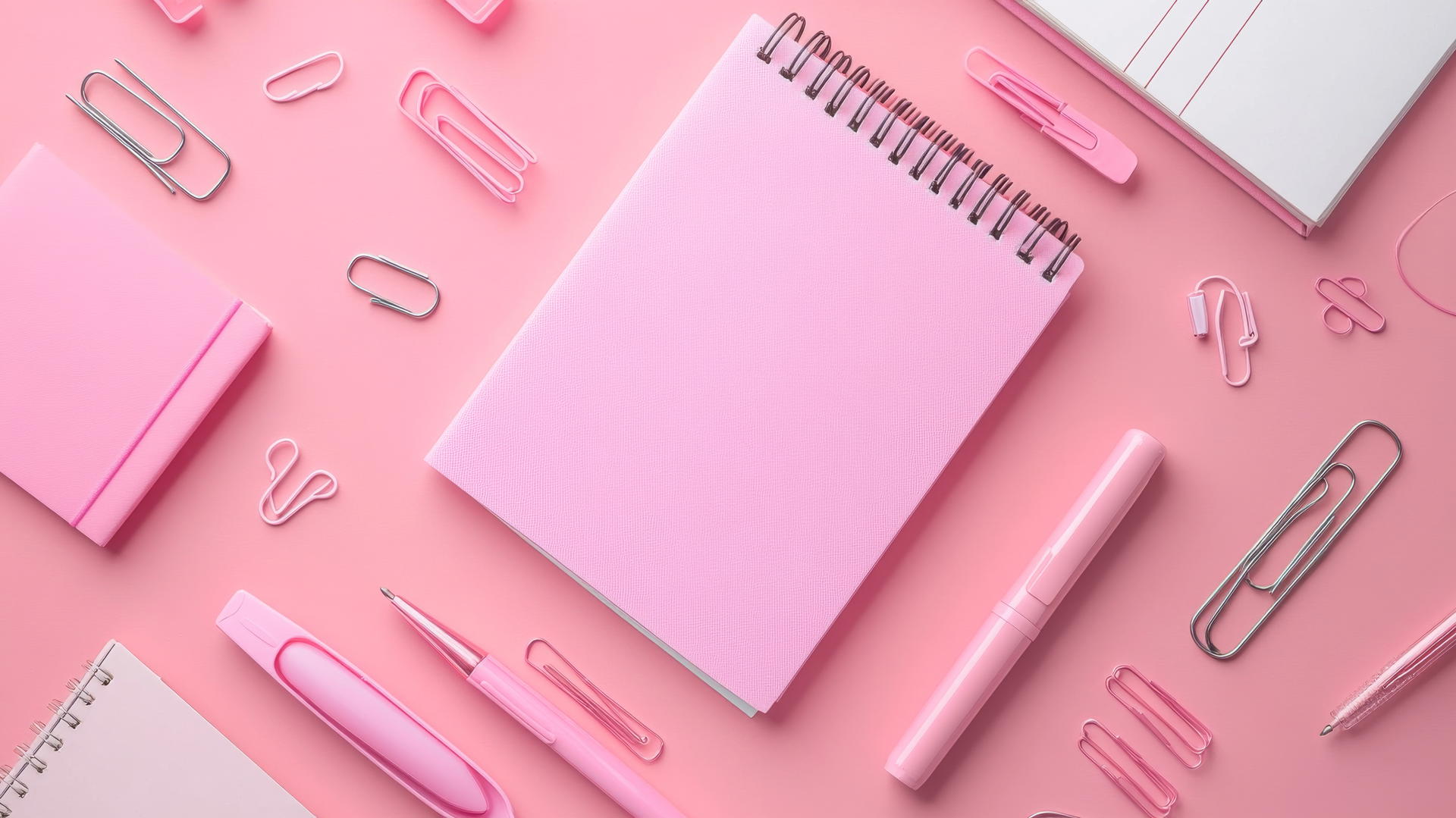 pink wallpaper aesthetic with flat lay of pink-themed stationery, including notebooks, pens, and paper clips neatly arranged