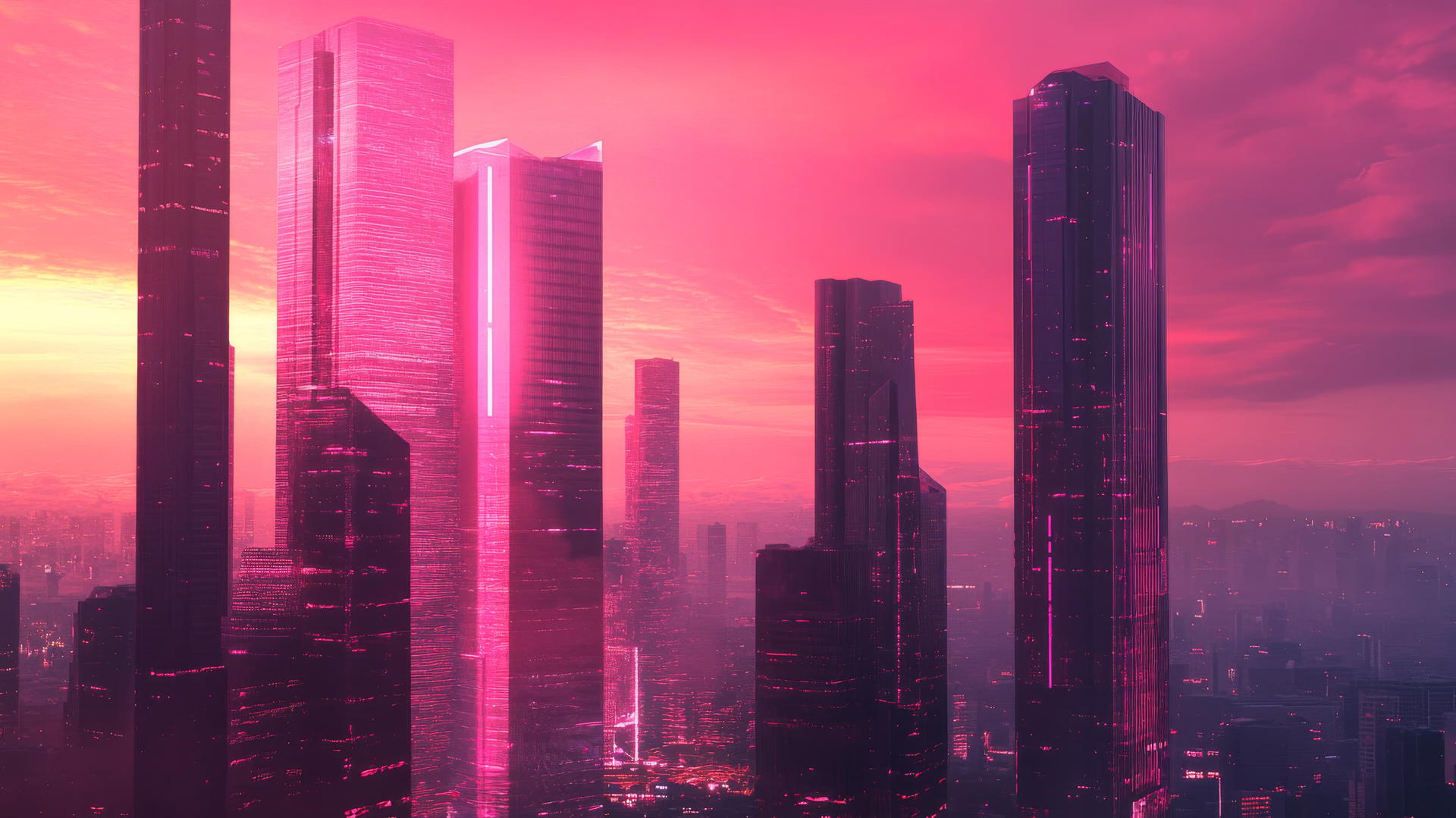 Pink aesthetic wallpaper of a futuristic cityscape at dusk