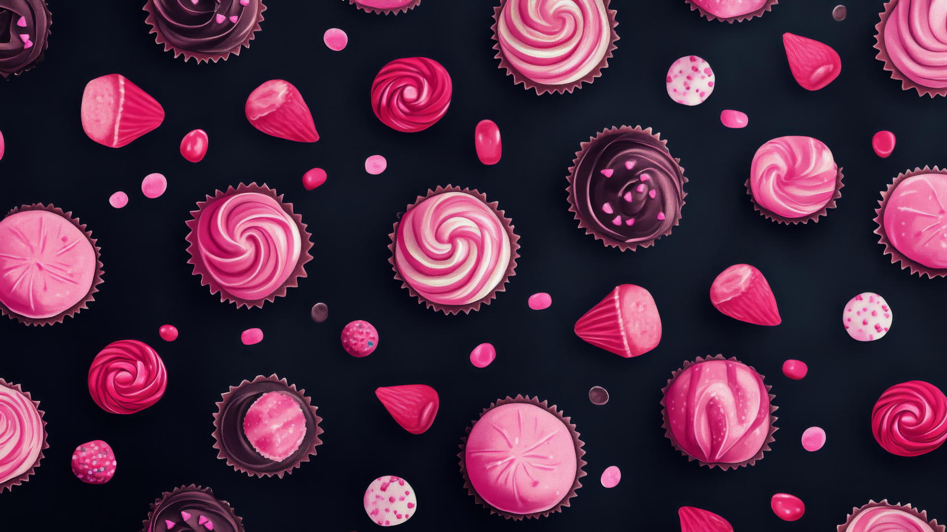 Black wallpaper for girls with pink cupcakes and candies