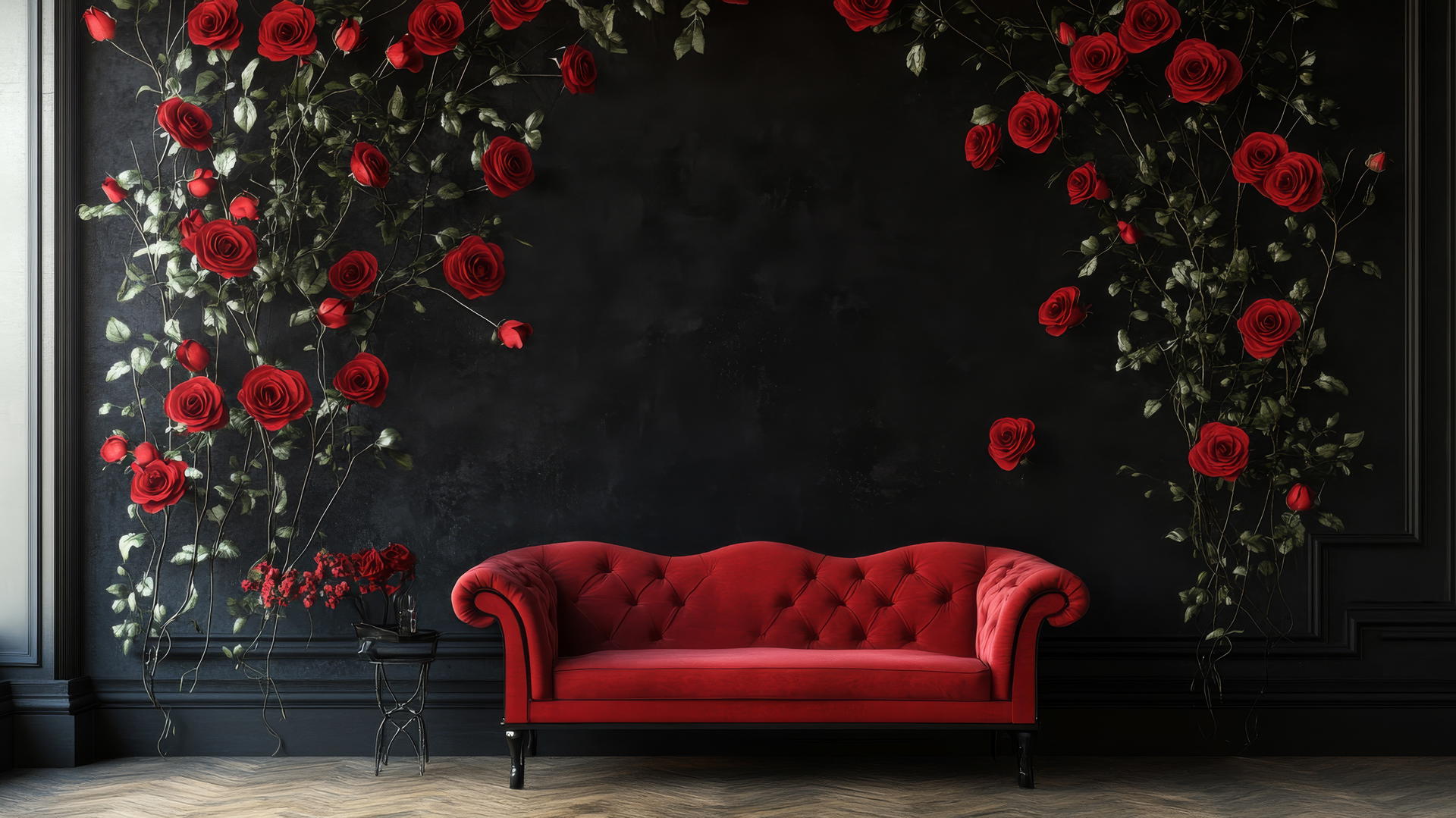 black wallpaper for girls with striking red roses and vines