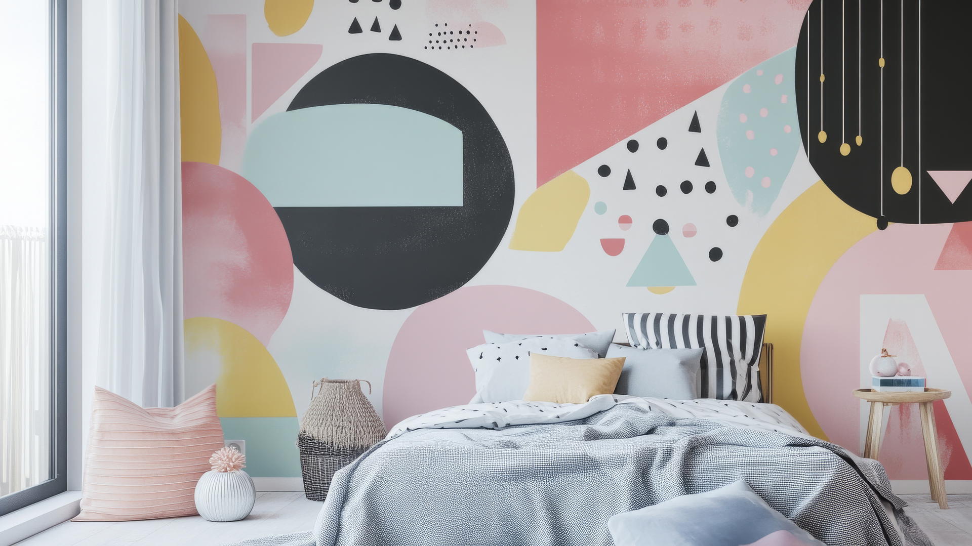 black wallpaper for girls with abstract geometric shapes in pastel colors