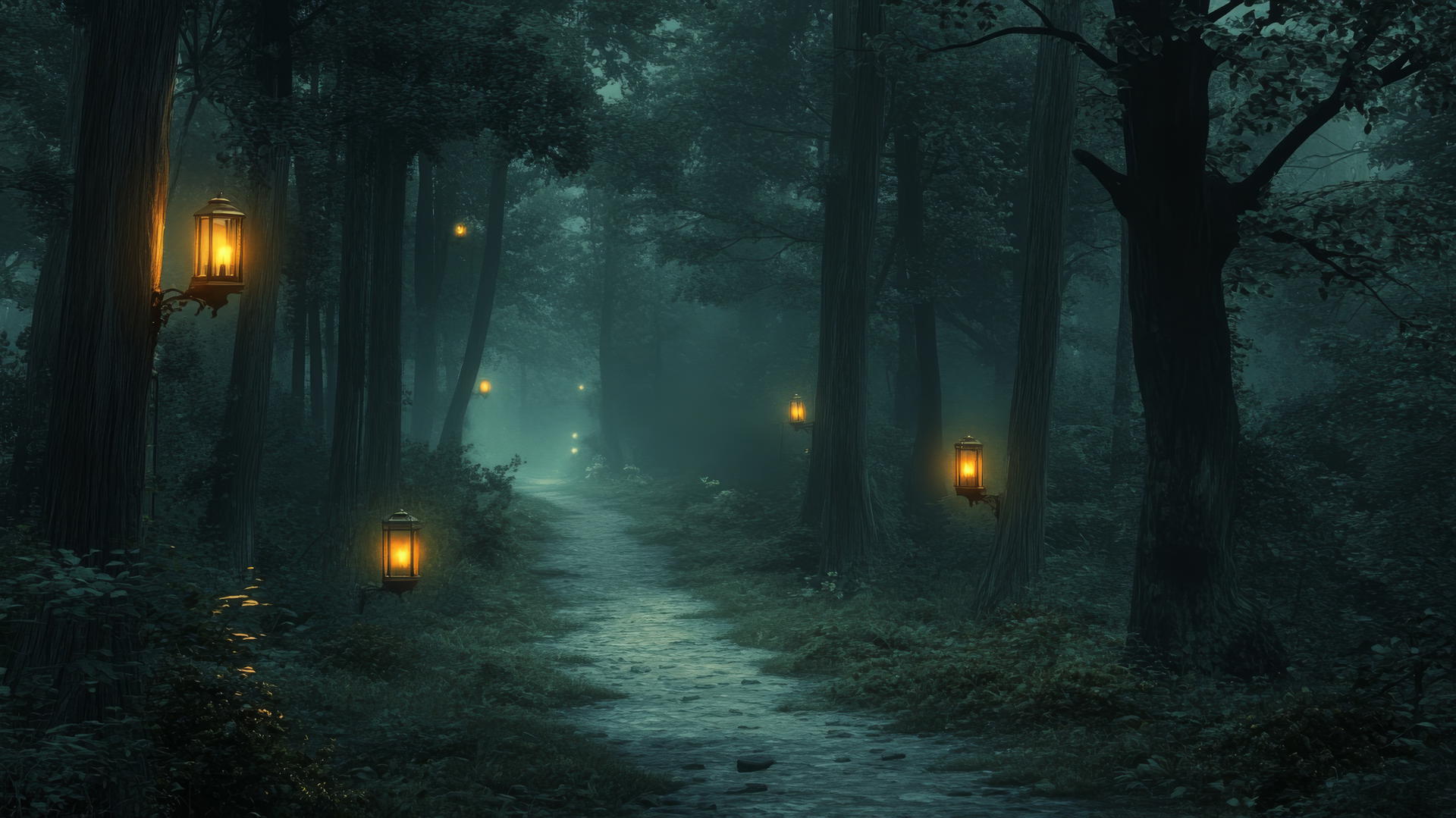 Aesthetic wallpaper black showing a serene forest path at night with glowing lanterns
