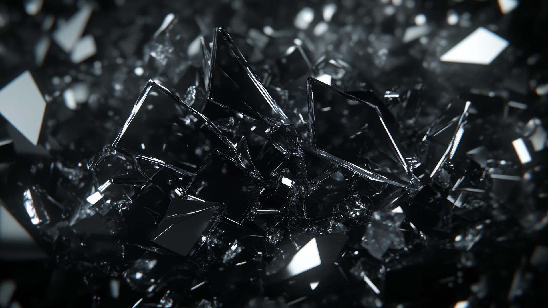 aesthetic wallpaper black with shattered glass shards floating in a void