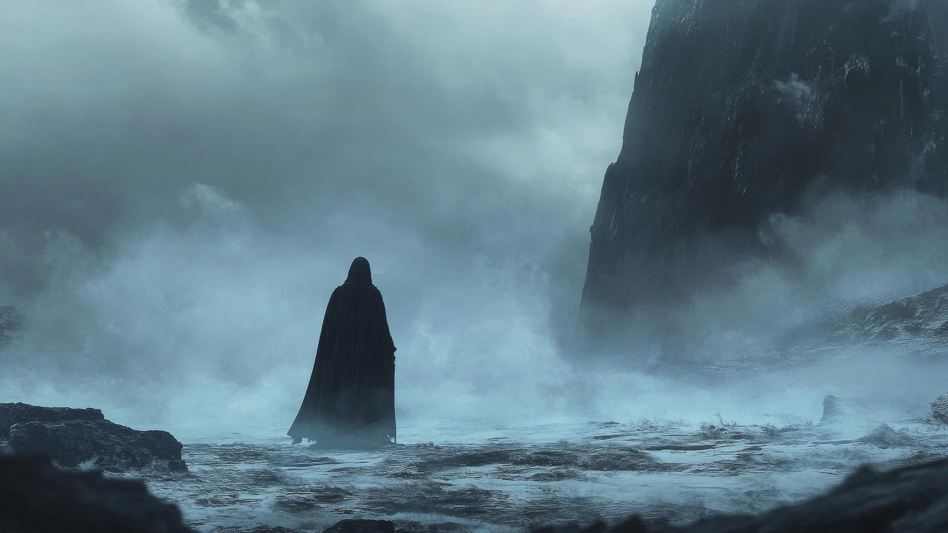 Mysterious figure in cloak in foggy dark landscape, black wallpaper aesthetic