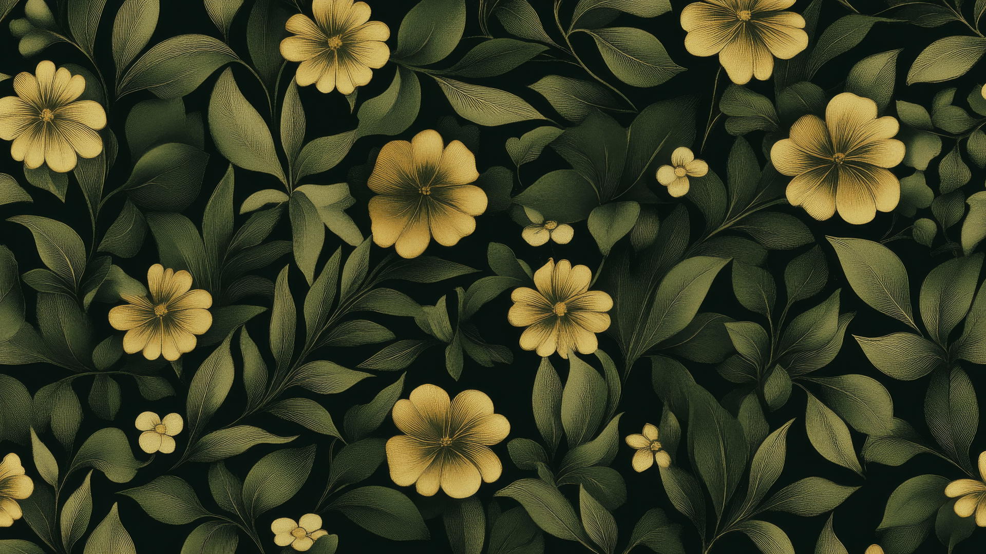 green floral wallpaper with art deco flowers and leaves