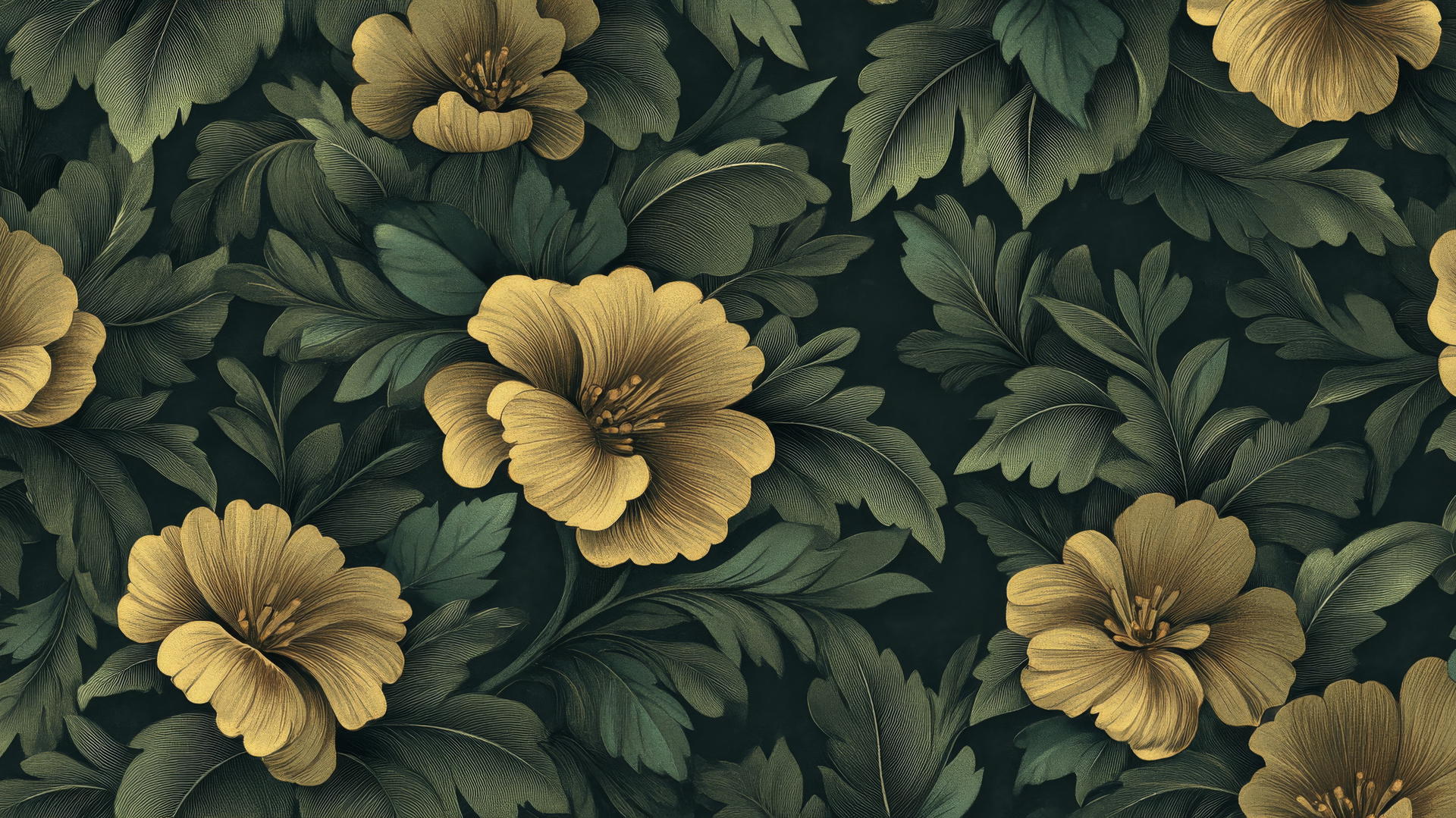 green floral wallpaper with art deco flowers, leaves in dark green and gold