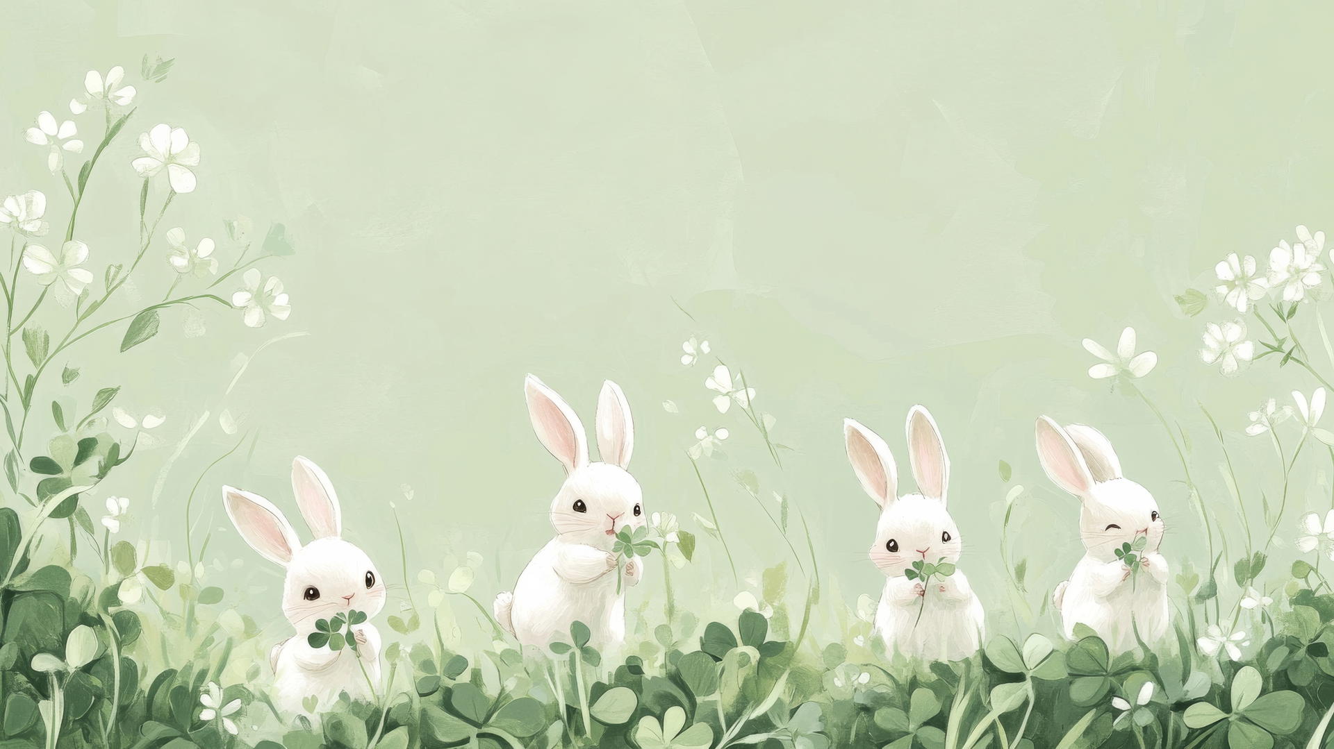 Cute green wallpaper with chubby bunnies and clover field.